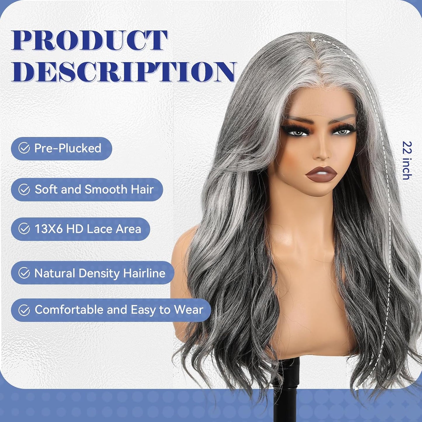 HD Lace Front Wig - 22 Inch Gray Long Wave Layered Synthetic Hair | Glueless Daily Wear for Women