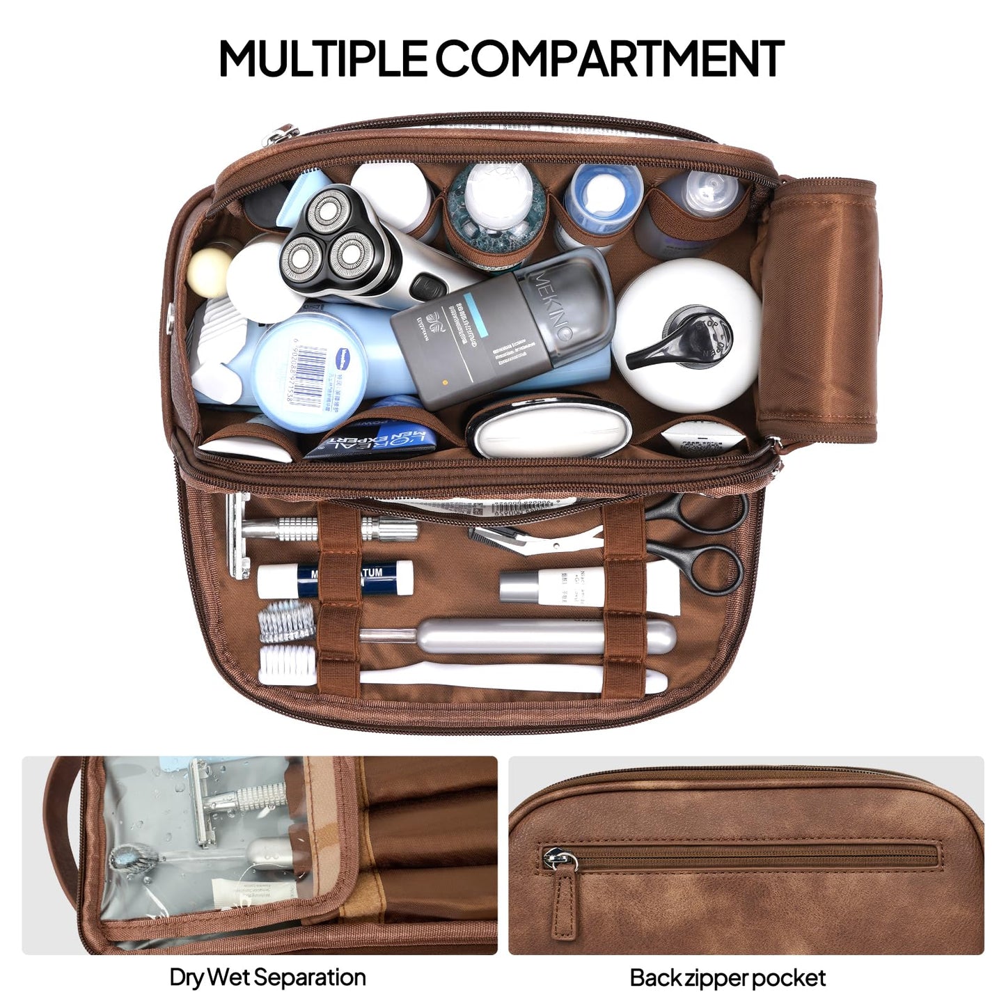 TOPEAST Toiletry Bag for Men, Large PU Leather Dopp Kit with Waterproof Wet Pocket, Double Layer Travel Toiletry Organizer with Brush Compartment, Shaving Bag with Handle, Brown