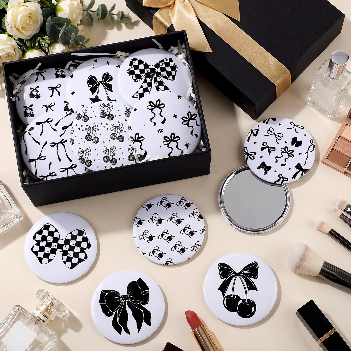 Cinnvoice 12 Pcs Bow Party Favors Mini Compact Mirror Bulk Coquette Aesthetic Little Pocket Mirrors Bow Keepsake Gifts for Women Girl Birthday Wedding Bridal Baby Shower Party Favors(Black and White)