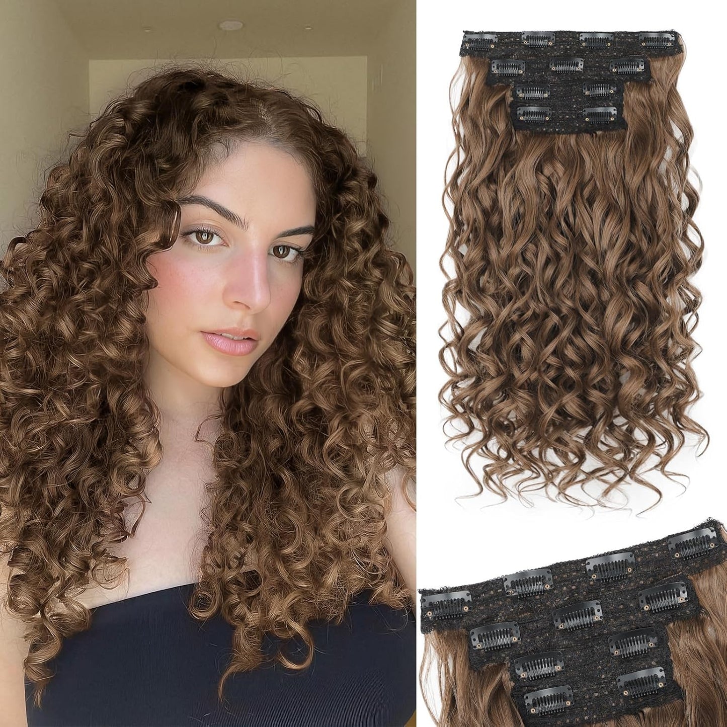 Curly Clip-In Hair Extensions - 20 Inch Thick Natural Synthetic Hairpieces | 4PCS Black