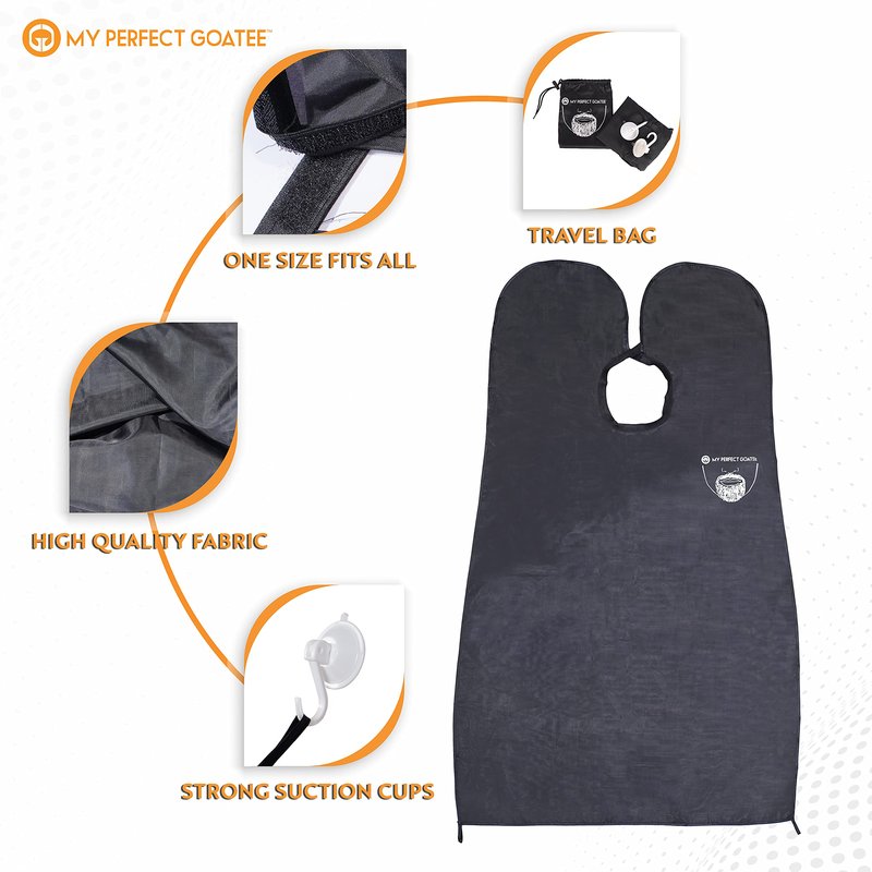 My Perfect Goatee Beard Bib Apron for Men - Superior Lock-Down Suction Cups - Hair Clippings Catcher - Waterproof Cape with Storage Pouch - Adjustable Neck Strap