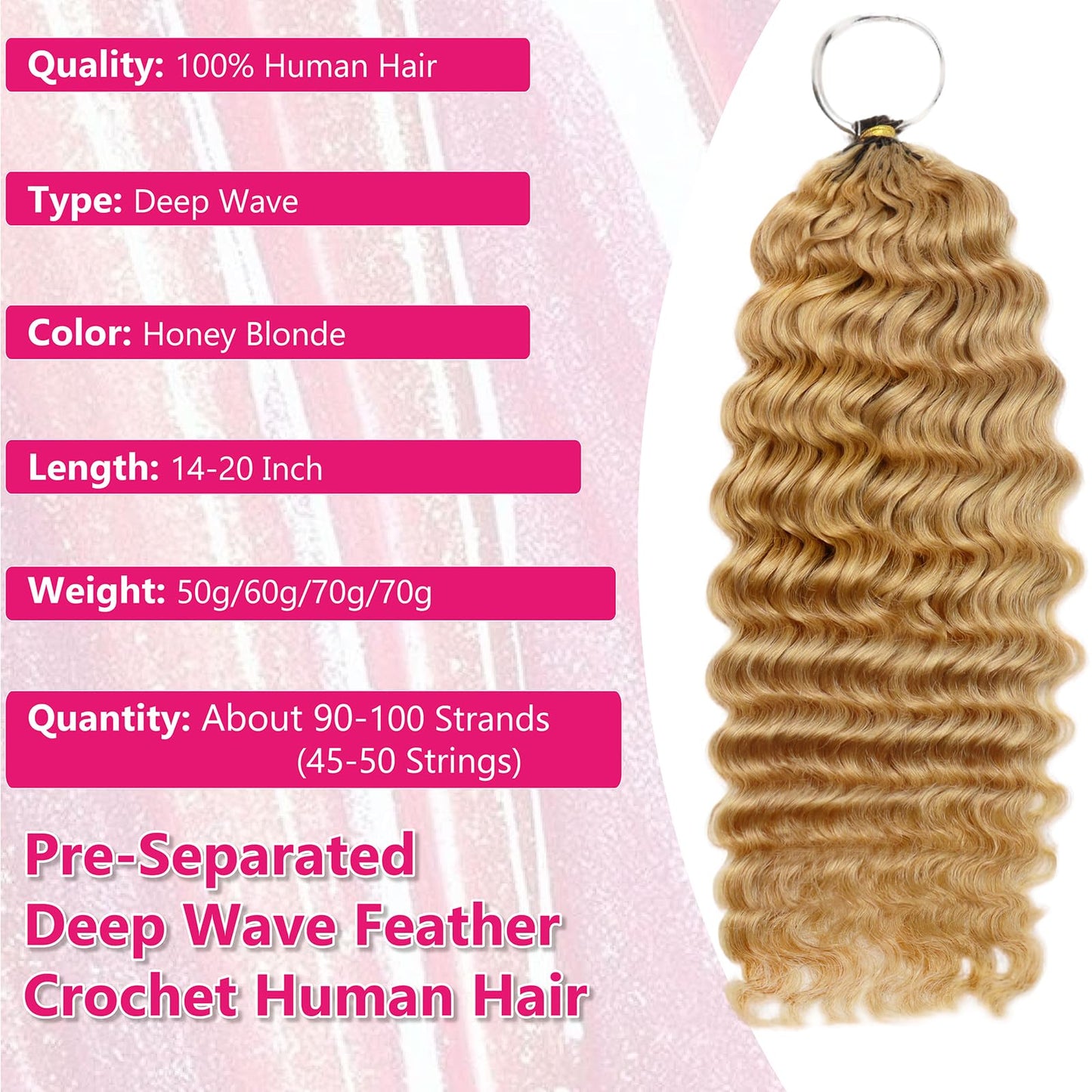 Honey Blonde Pre-Separated Human Crochet Hair Deep Wave Curly Miracle Knots Crochet 14 Inch 50g Honey Blonde #27 Knotless Feather Invisible 100% Human Crochet Braiding Hair Extensions for Black Women