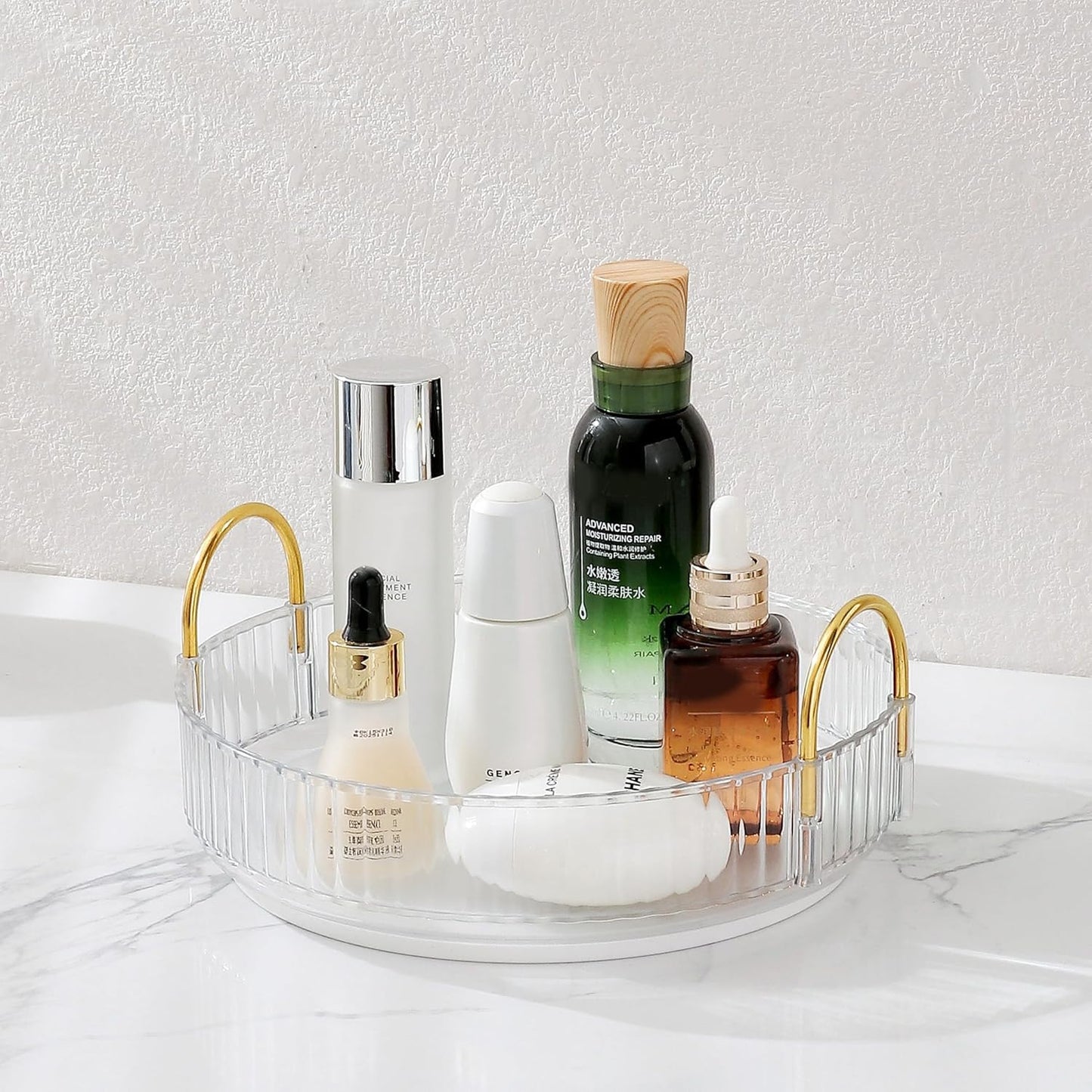 Rotating Makeup Organizer - 3 Tier Clear Cosmetic Holder for Vanity | Grey Perfume & Skincare Storage