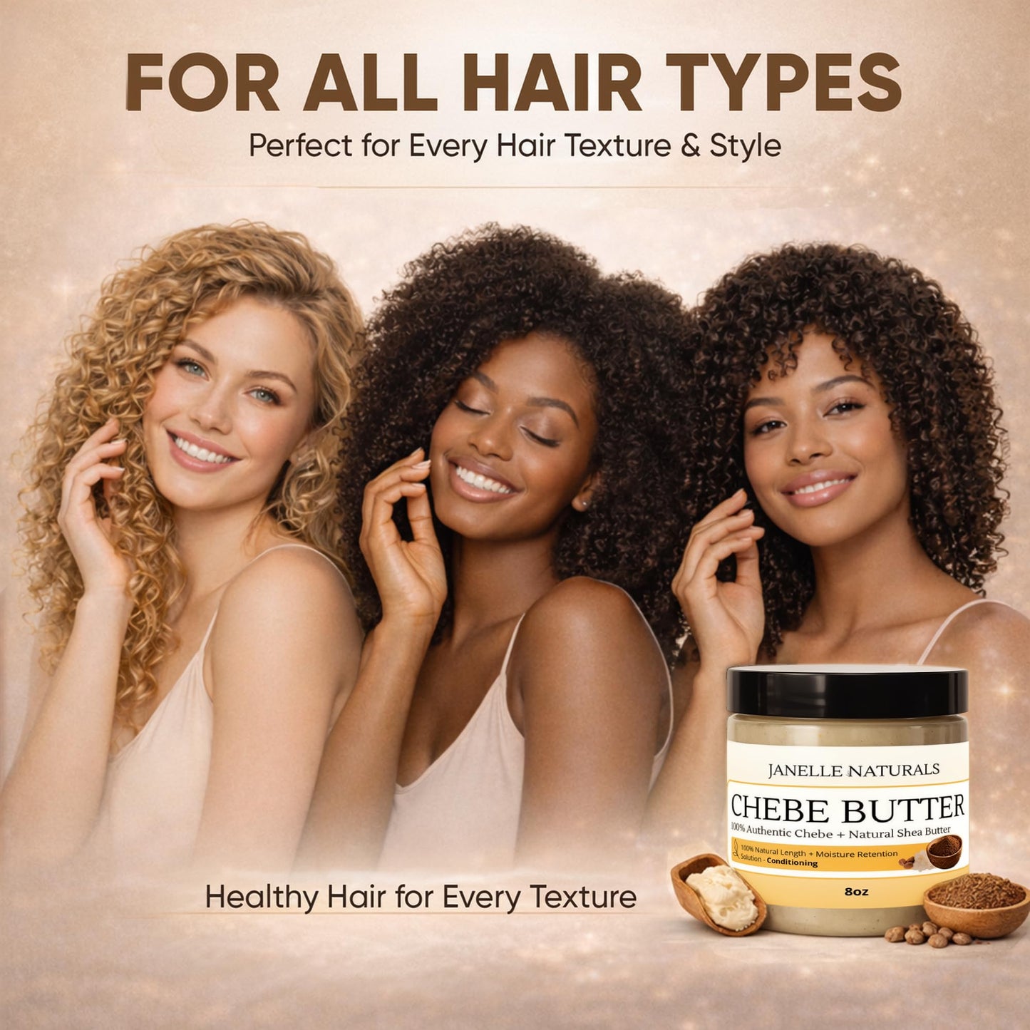 Janelle Naturals Chebe Butter From 100% Authentic Chebe + Natural Shea Butter. 100% Natural Hair Length + Moisture Retention Solution. Conditions Each Strand. (8 oz)
