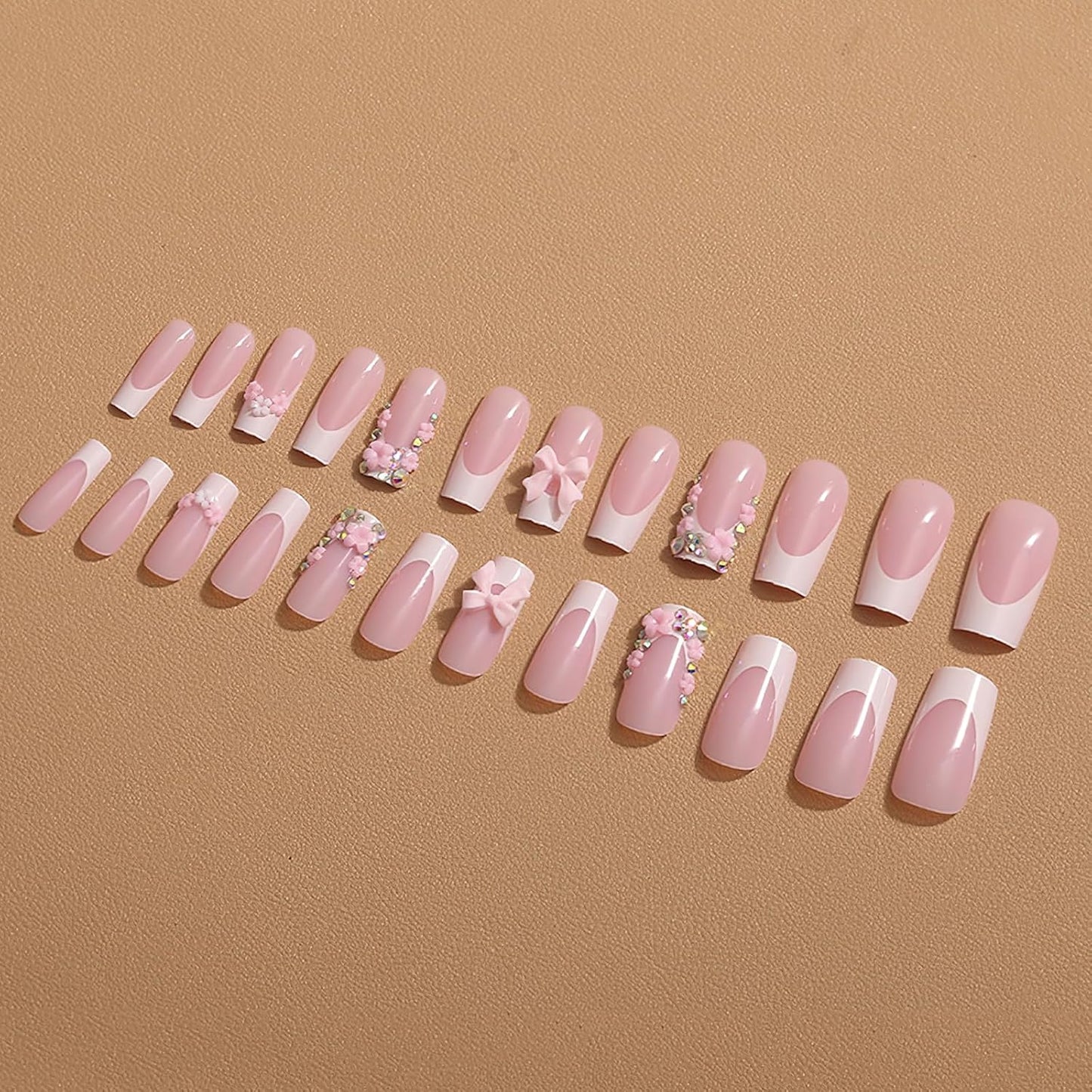 French Tip Press-On Nails - Medium Square Acrylic Nails with 3D Bow & Flower Charms | Glossy Nude Color, 24 Pcs
