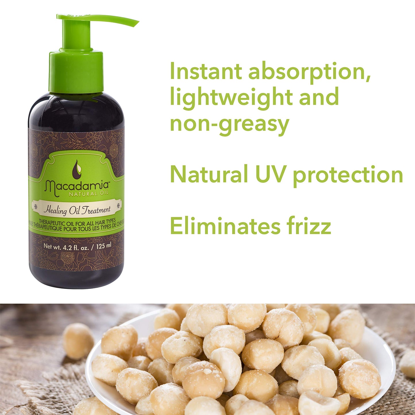 Macadamia Natural Oil Healing Treatment – Nourishing Hair Oil for Dry Damaged Hair, Hydrating Argan Serum, Frizz Control Shine, Glass Bottle, 4.2 fl oz
