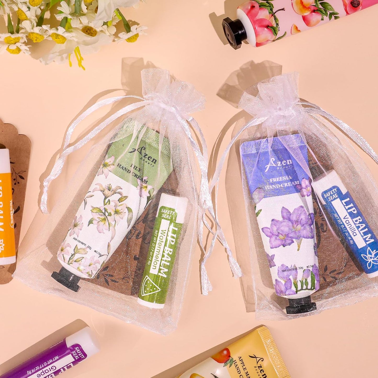 Hand Cream and Lip Balm Gift Set - 16 Sets with Organza Bag | Perfect for Baby Showers, Weddings, and Mother's Day