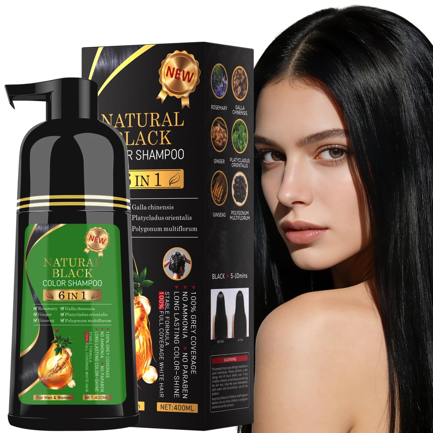 Black Hair Dye Shampoo 6-in-1 for Gray Hairr，Semi-Permanent Hair Color Shampoo for Women and Men，100% Grey Coverage Long-Lasting Color，Natural herbal Ingredients(Natuarl Black)