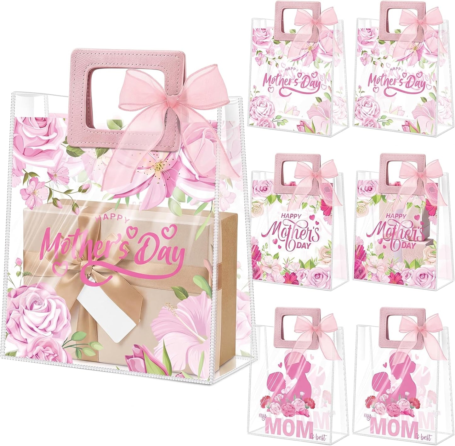 Reusable Floral Mothers Day Gift Bags - 30 Pcs Medium Plastic Tote Bags with Handles | 9x8x3 Inch Waterproof Wrap for Mom & Grandma