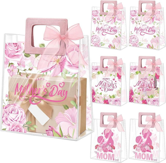 Reusable Floral Mothers Day Gift Bags - 30 Pcs Medium Plastic Tote Bags with Handles | 9x8x3 Inch Waterproof Wrap for Mom & Grandma