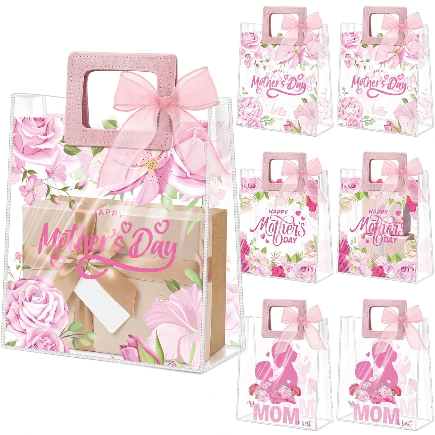 Blosssound 30 Pcs Mothers Day Gift Bags Bulk Medium Reusable Plastic Tote Bags with Handles & Ribbon 9x8x3 Inch Floral Mothers Day Party Favors Clear PVC Waterproof Wrap for Mom Grandma Gifts