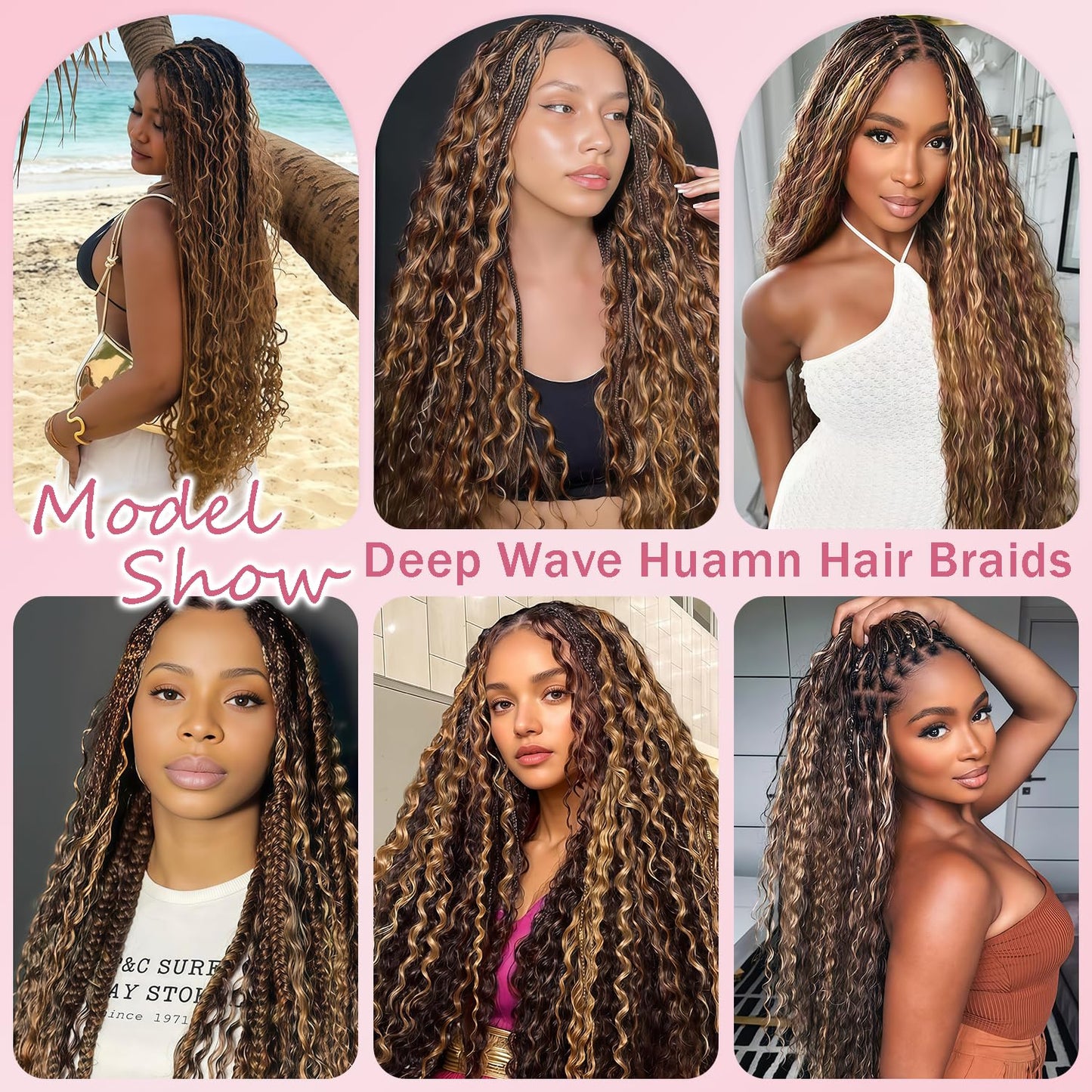 P4/27 Highlight BlondeHuman Braiding Hair for Boho Braids 150g 3 Bundles 32 32 32 Inch Brown Deep Wave Bulk Hair P4/27 Curly Human Hair Extensions for Braids Wet and Wavy Braid