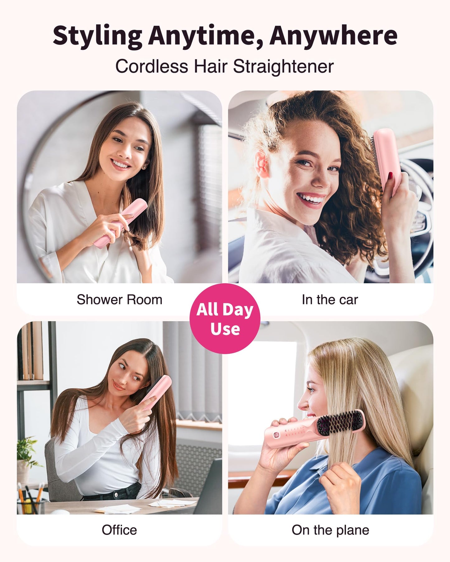 Cordless Hair Straightener Brush - Portable Hair Straightening Brush for Travel - 300M Negative Ions for Frizz-Free Shine, Touch Up On-The-Go, Fast Heating, Gift for Women, 10,000mAh