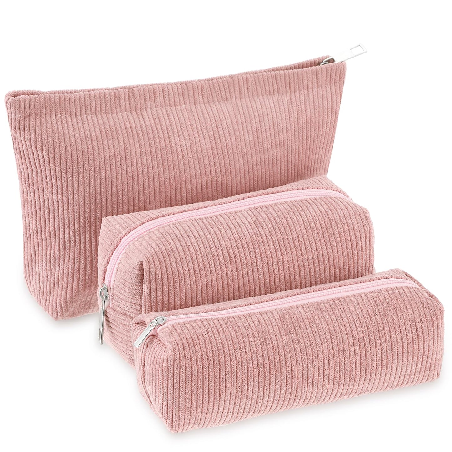 Huhumy 3 Pcs Makeup Bag Set for Women Corduroy Cosmetic Pouch Aesthetic Smile Travel Toiletry Bag Cute Purse Pouch Pencil Case Makeup Brushes Storage Organizer with Zipper(Pink,Solid Style)