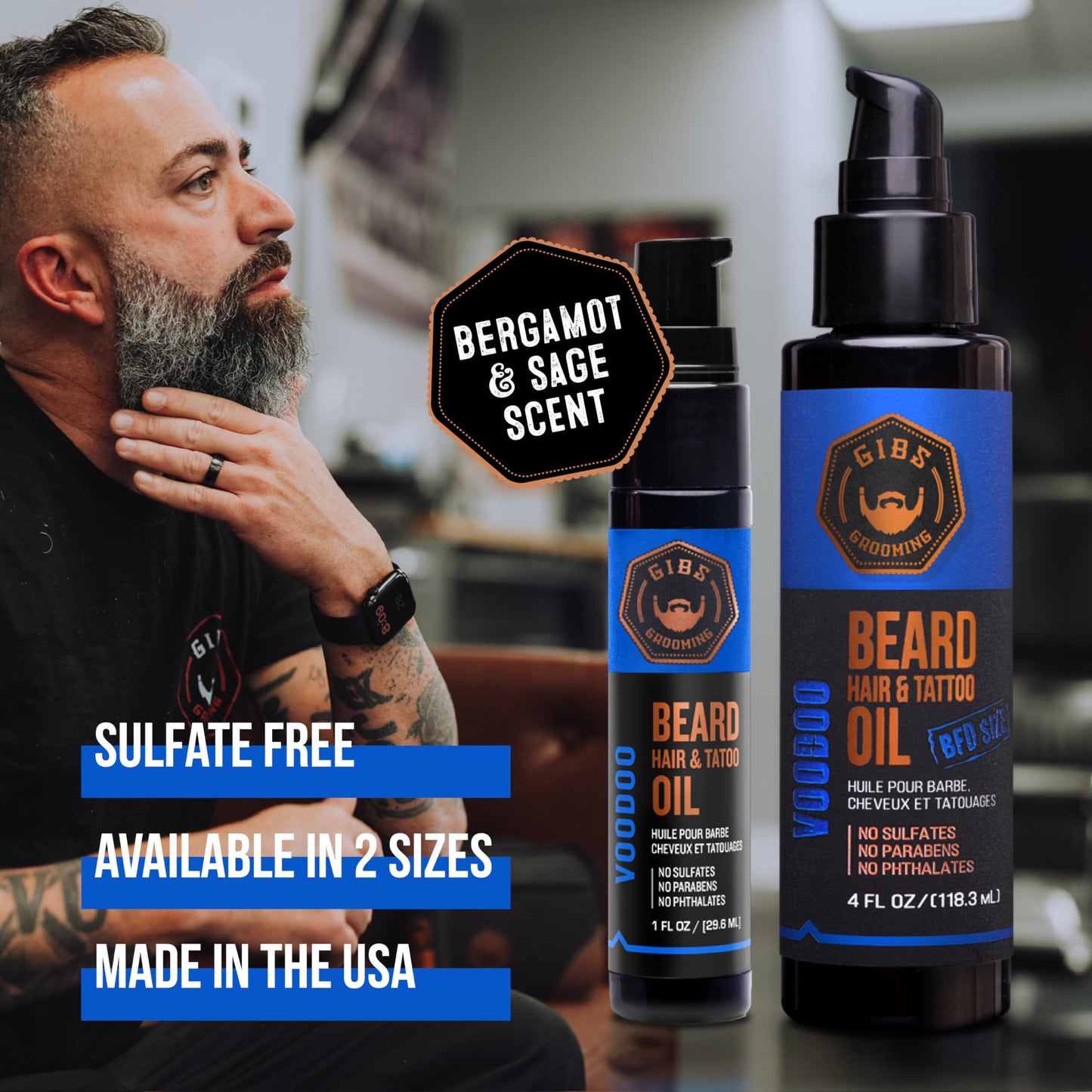 GIBS Grooming - Voodoo Prince Beard, Hair & Tattoo Oil (4 fl oz) - Softens, Strengthens, Protects - Skin Moisturizer - Vitamin C - UV Shield - BFD Size - Beard Oil, Hair Care, Skin Care - Made in USA