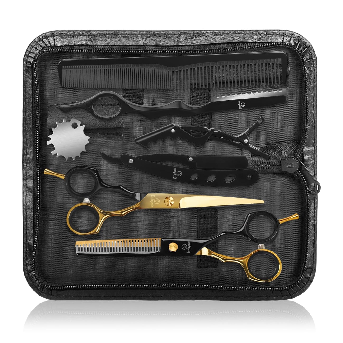 Ethyxe Hair Cutting Scissors Kit - 9 PCS Professional Haircut Scissors Set with Stainless Steel Straight and Thinning Shears for Home, Salon, and Barber Use (Black & Gold)
