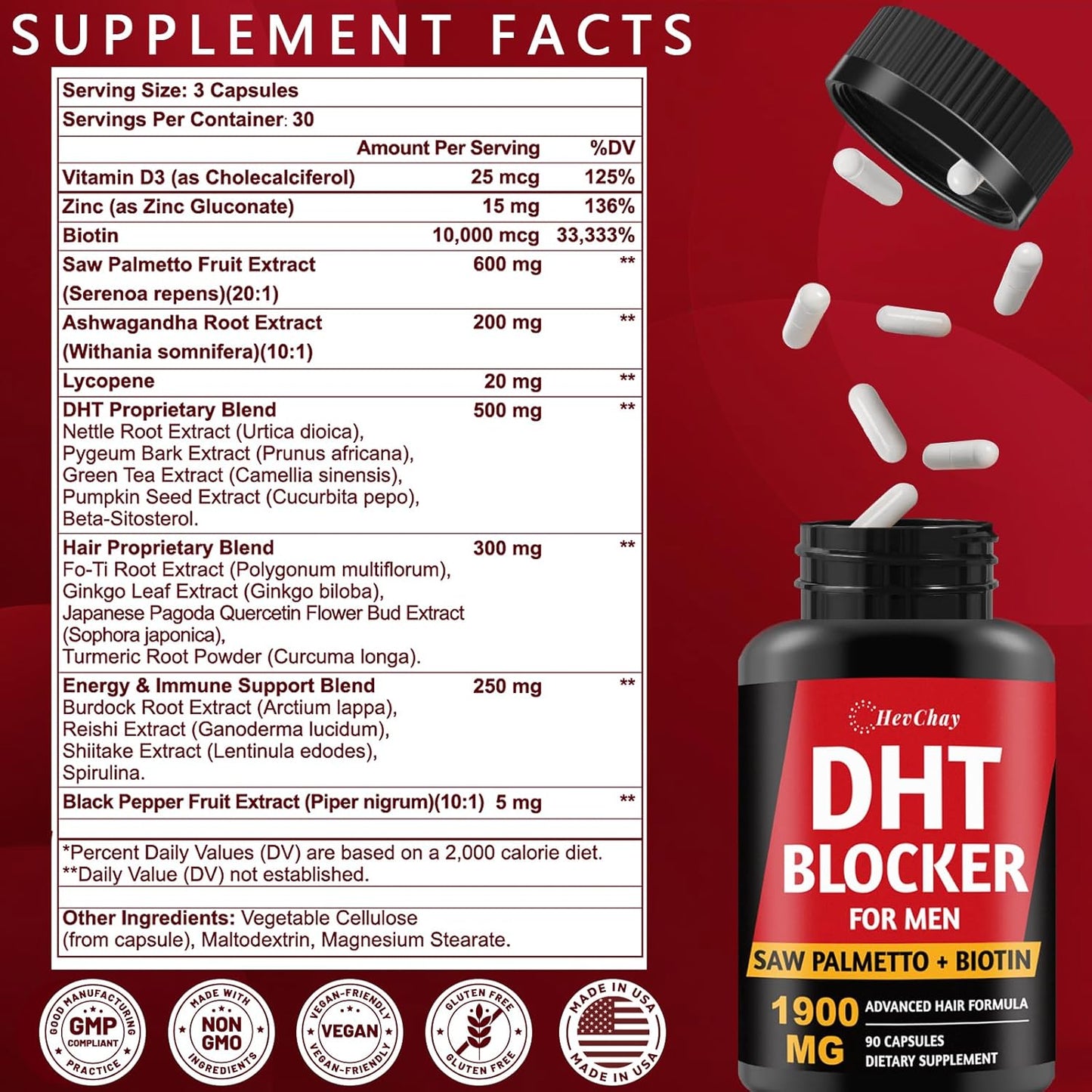 Extra Strength DHT Blocker for Men - Saw Palmetto & Biotin Hair Growth Supplement | Natural Hair Loss Support, 1 Pack