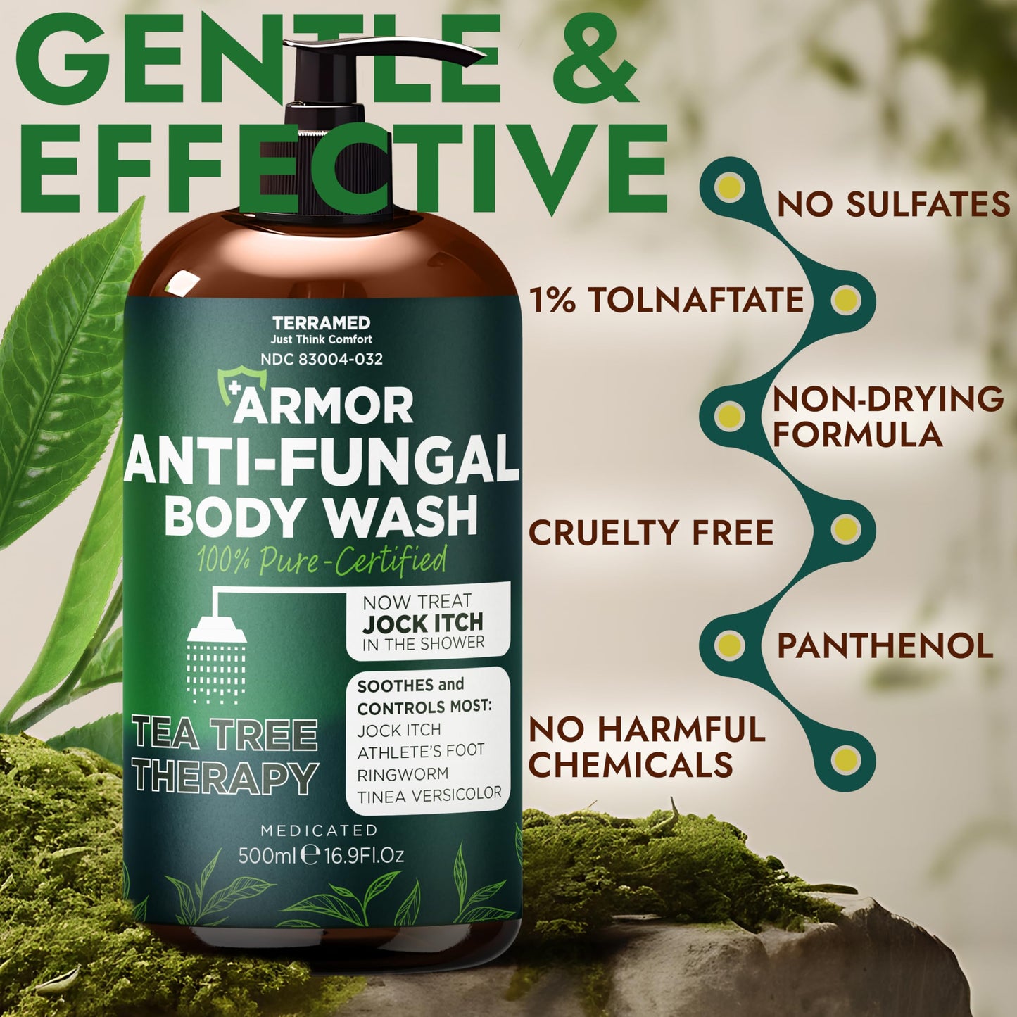 Antifungal Body Wash with Tea Tree Oil | Antifungal Soap for Back Acne,Treats Ringworm, Eczema & Jock Itch | Antifungal Body Soap For Men And Women | Includes Silicon Scrubber (16.9 oz)