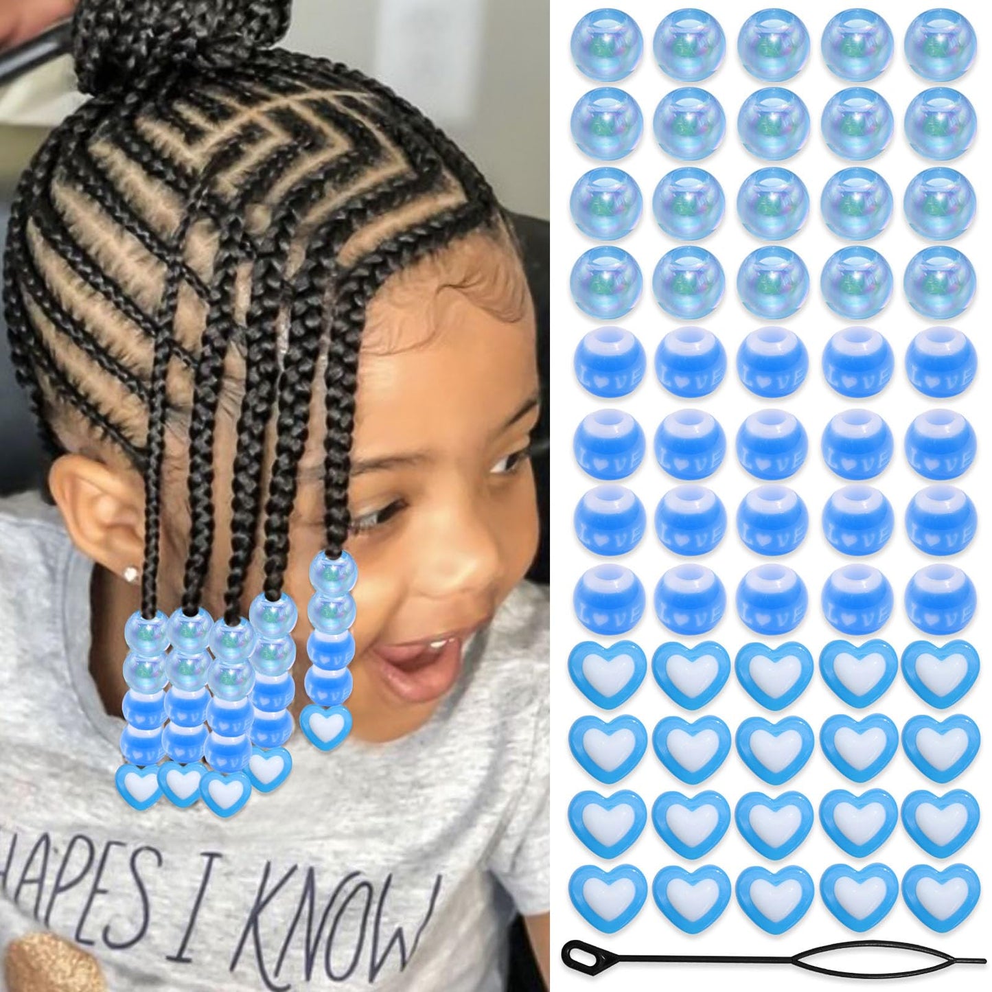 NAISKA 60Pcs Blue Hair Beads Heart Dreadlock Jewelry Bead Round Clear Braids Beads Hair Decoration Cute Hair Accessories
