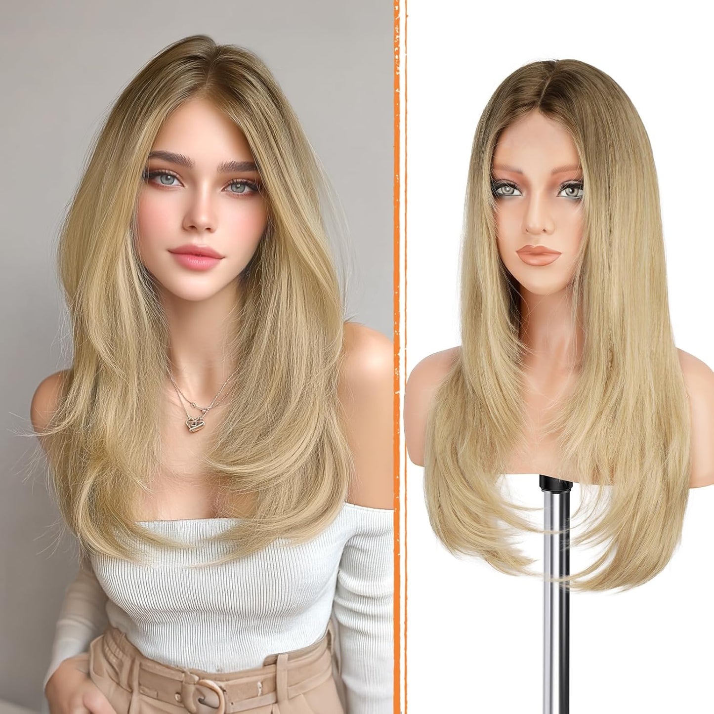 Blonde Wig with Curtain Bangs - Lace Front Long Layered Synthetic Hair for Women | 24 Inch Natural Look
