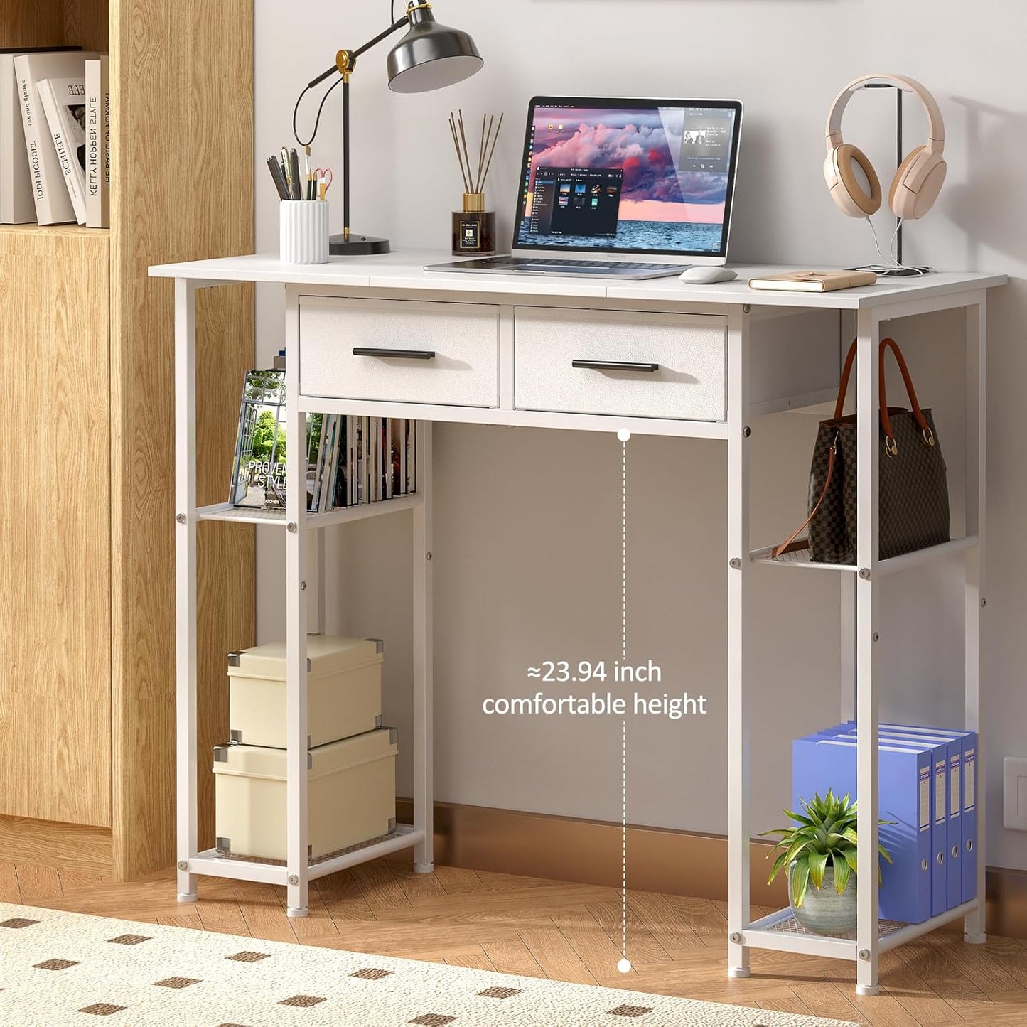 White Computer Desk with Drawers - 37.3 Inch Home Office Workstation | Compact Study Table for Small Spaces