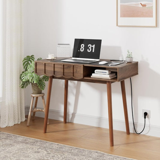 Mid Century Modern Desk - Executive Home Office Writing Desk with Drawer & Open Compartment | Vintage Small Size for Study & Bedroom