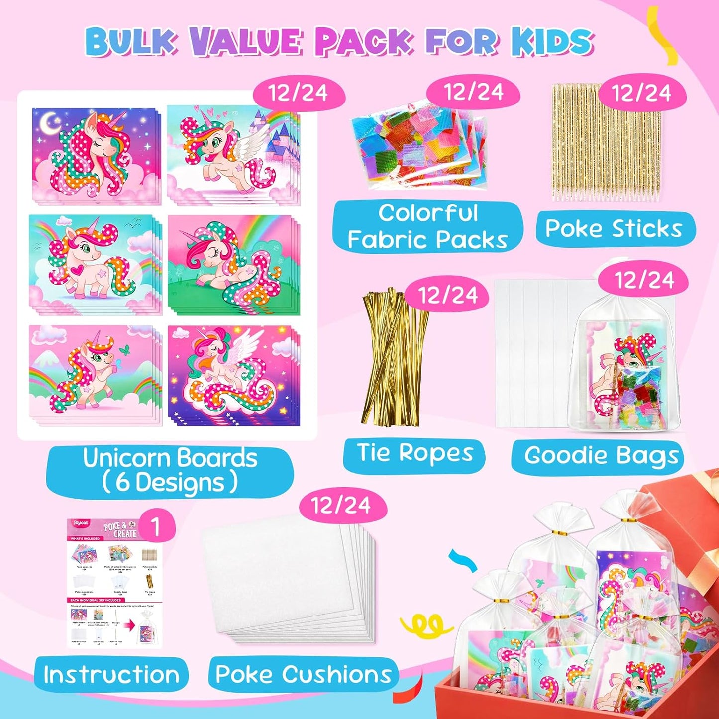 JoyCat Unicorn Party Favors - 24 Pack DIY Poke Art Craft Kits for Kids Ages 4-9 | Birthday Goodie Bags & Classroom Prizes