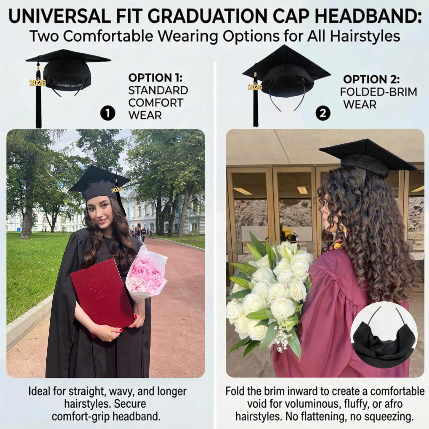 TERSE Graduation Cap Headband Insert for Hair, Secure Fit Grad Cap Head Band for Curly and Thick Natural Hair, No-Slip Headband for Graduation Caps for Women and Men, Black