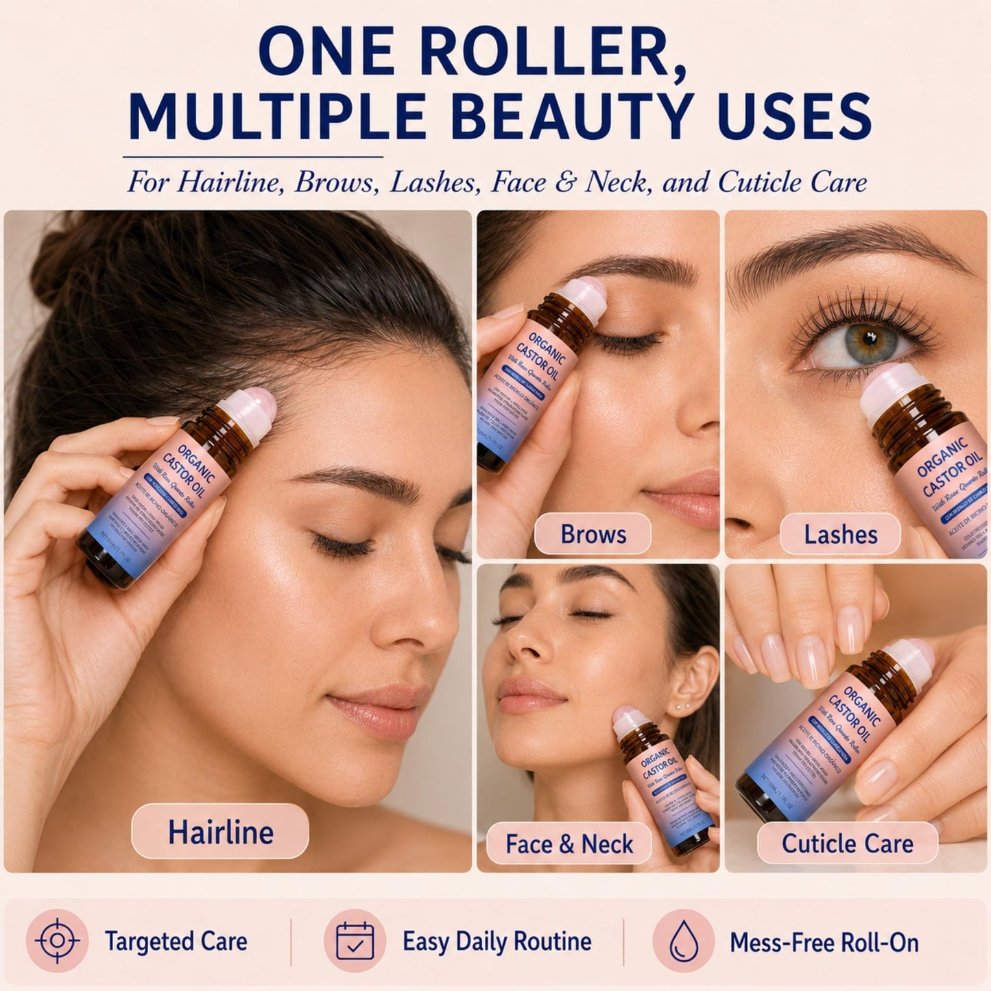 Organic Castor Oil Roll On, 100% Pure Castor Oil with Real Rose Quartz Roller Ball, Cold Pressed Castor Oil for Hair, Eyelashes, Eyebrows, Skin & Nails, Mess-Free Face Roller Beauty Oil, 1.7 fl oz