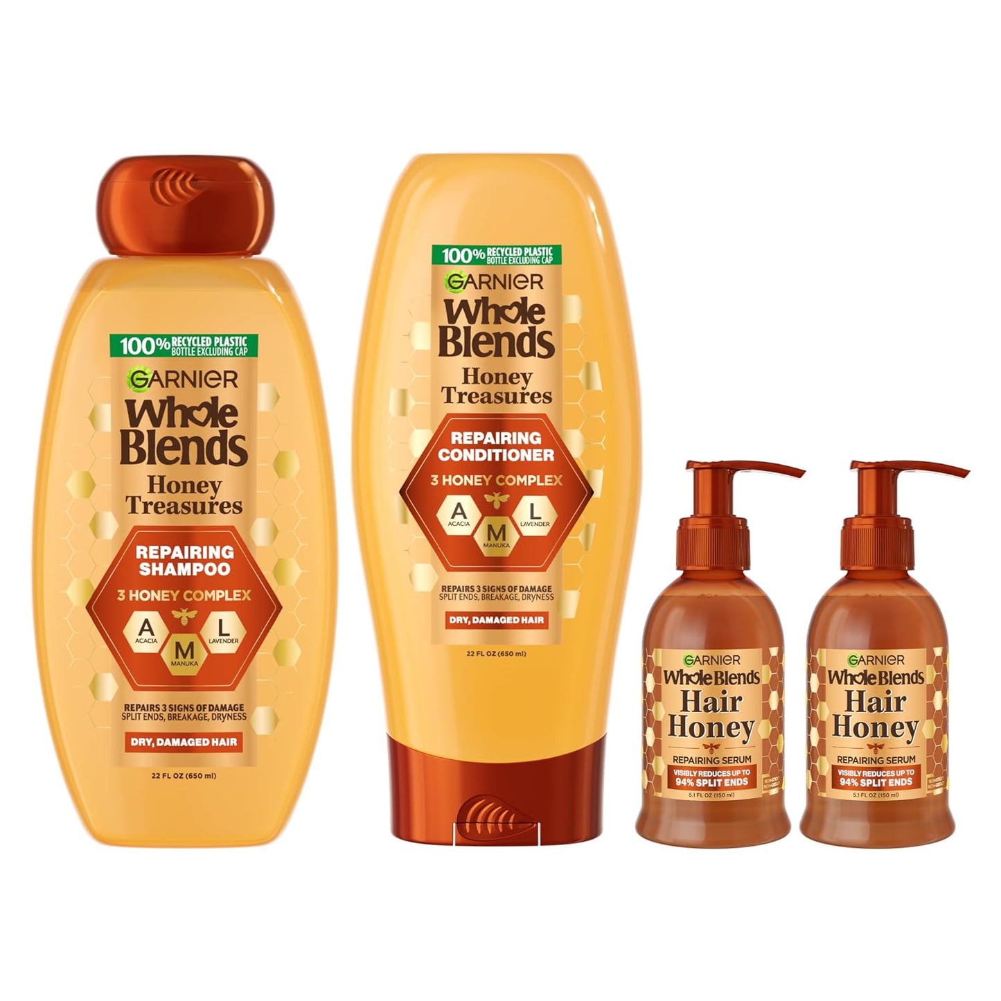 Garnier Whole Blends Honey Treasures Repairing Shampoo & Conditioner Set | For Dry, Damaged Hair (3 Items)