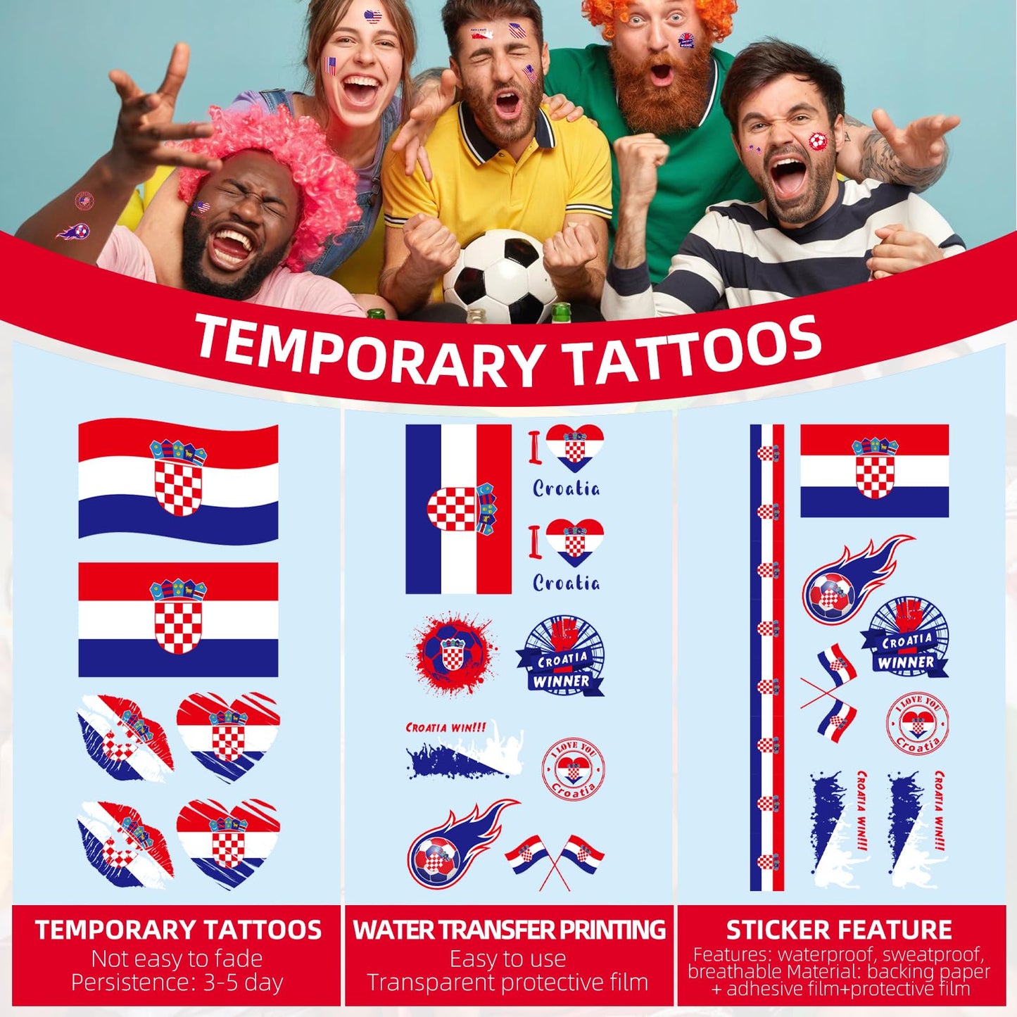 2026 World Cupfor Temporary Tattoos & St Patrick's Day Tattoos, 16PCS 12CM×6CM National Flag Stickers for Fans (United States)