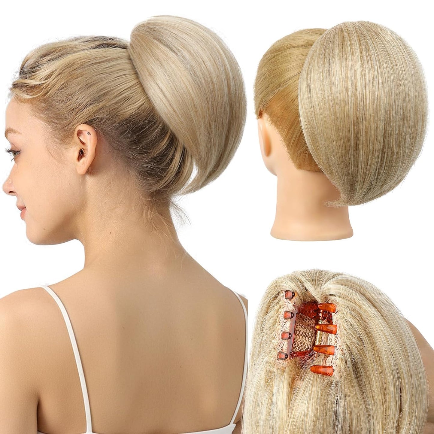 Ponytail Extension | 8" Short Mini Claw Clip Hairpiece - Soft Feather-Light Honey Blonde with Highlights