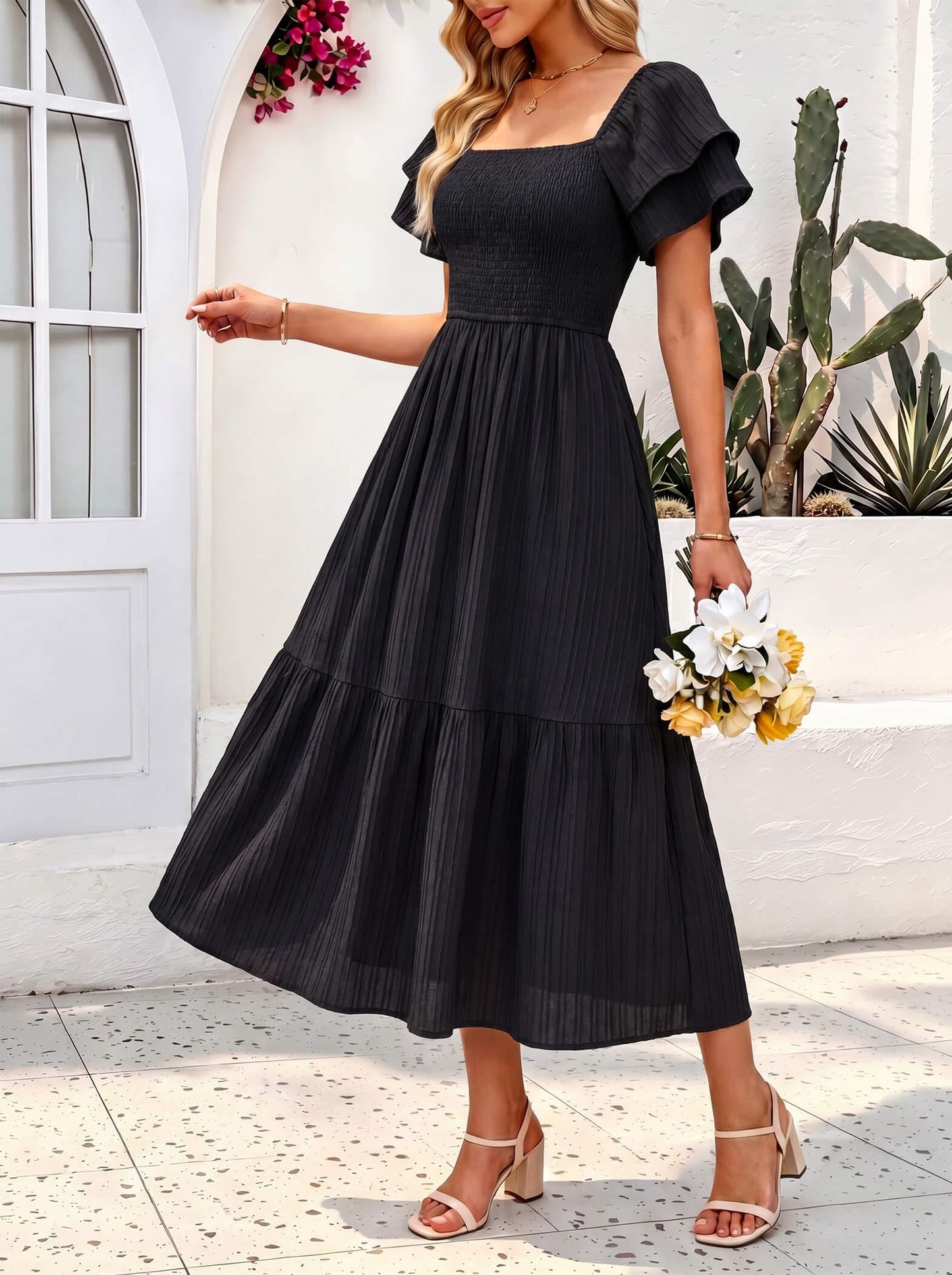 OLICE Women's Summer Midi Dress Short Sleeve Square Neck Off Shoulder Ruffle Elastic High Waist Vacation Dress with Pockets