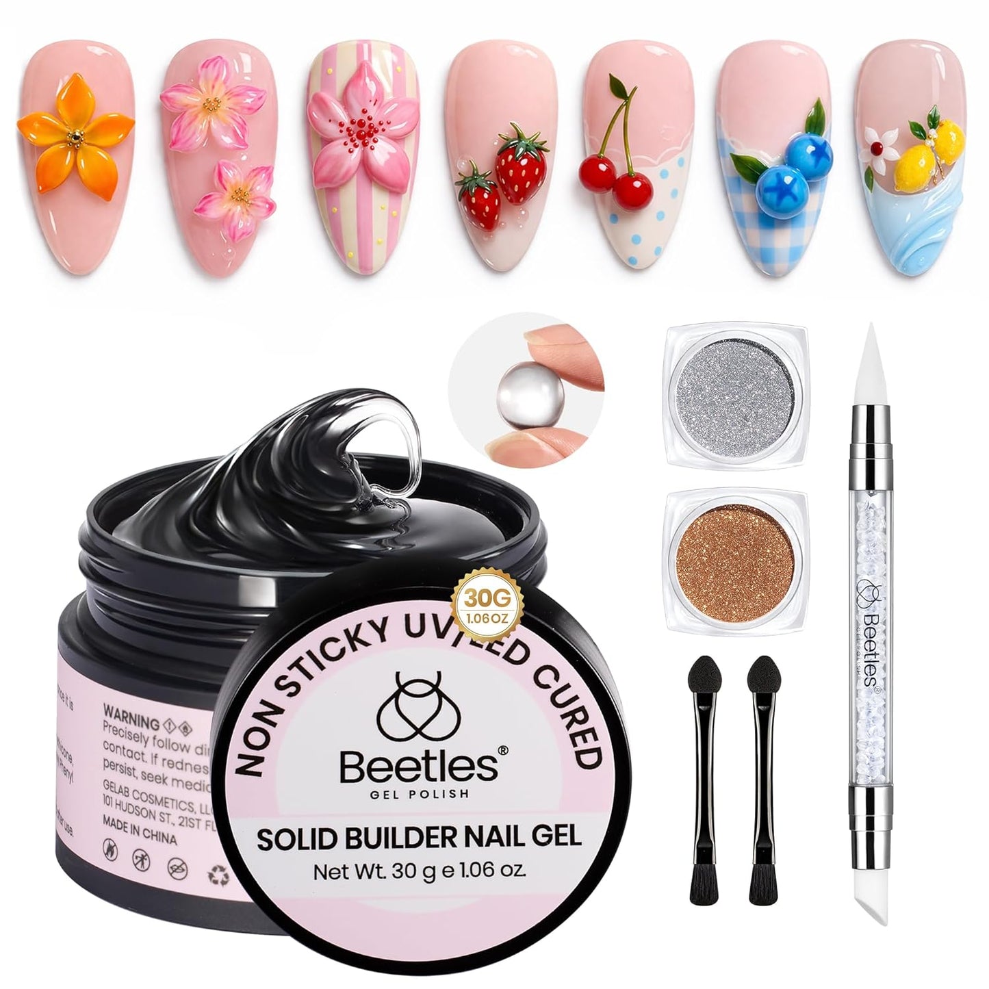 Beetles 3D Solid Builder Nail Gel Kit - 2 oz Clear Sculpting Gel for 3D Nail Art | Non-Sticky UV LED Gel with Dual Forms & Sculpting Pen
