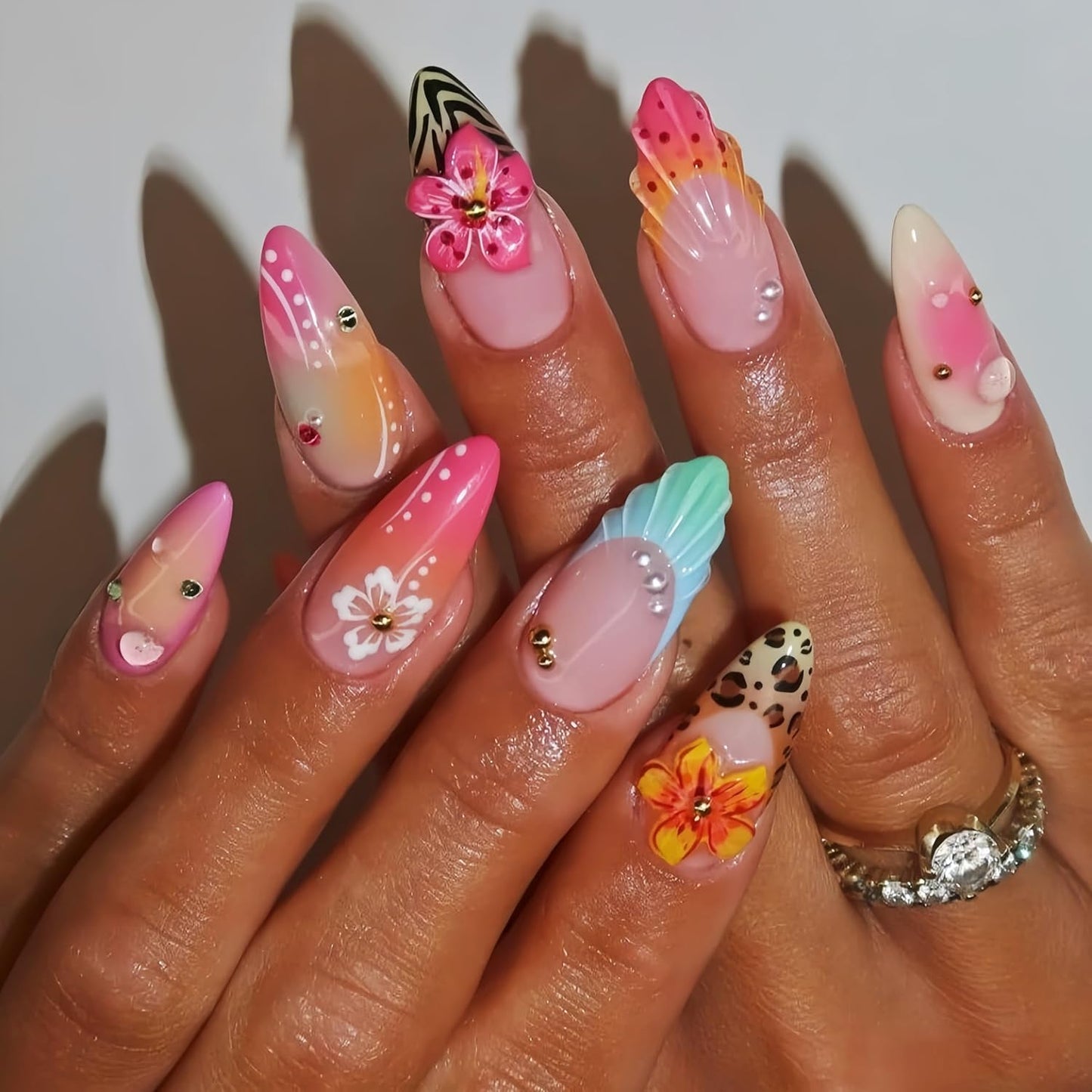 3D Handmade Press-On Nails - Summer Starfish Floral Design | Medium Almond Full Cover Ocean Theme