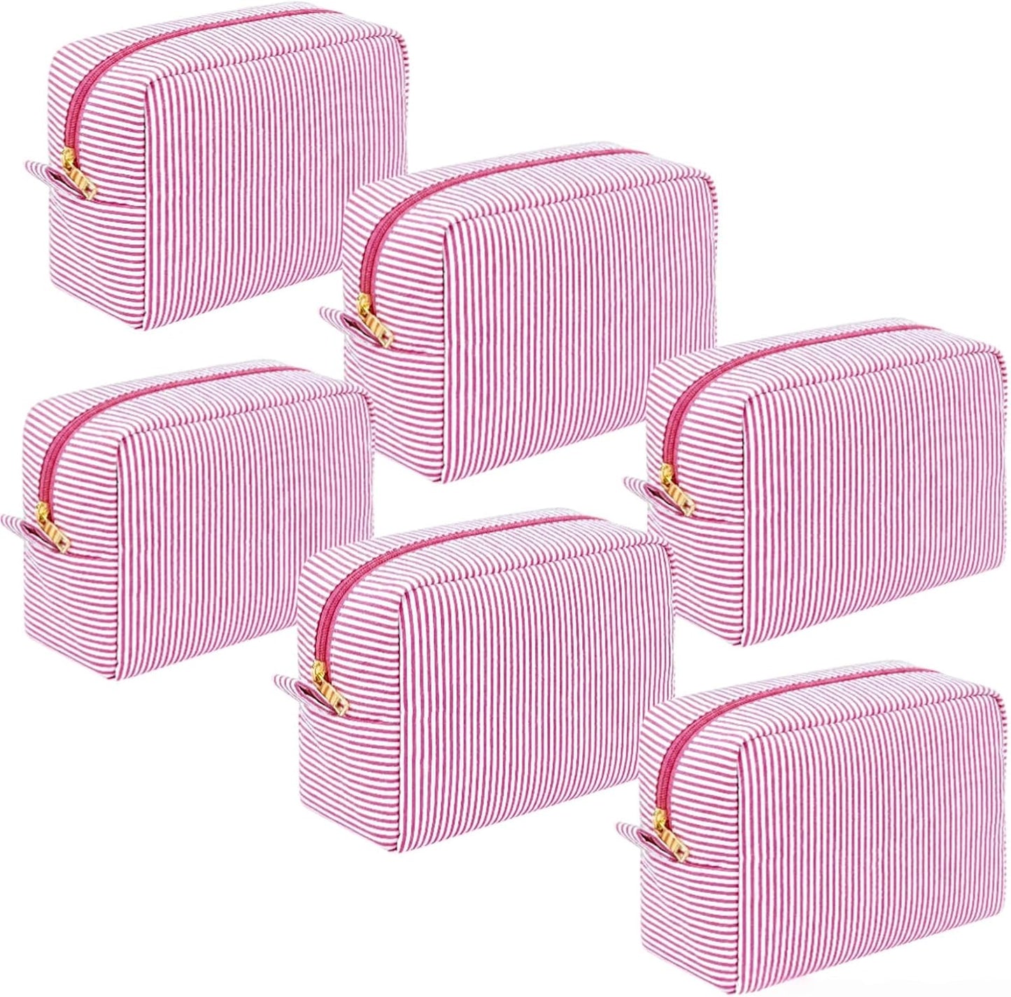 Makeup Bags Set of 6 - Large Seersucker Cosmetic Pouches for Bridesmaid Proposals | Khaki Toiletry Organizers
