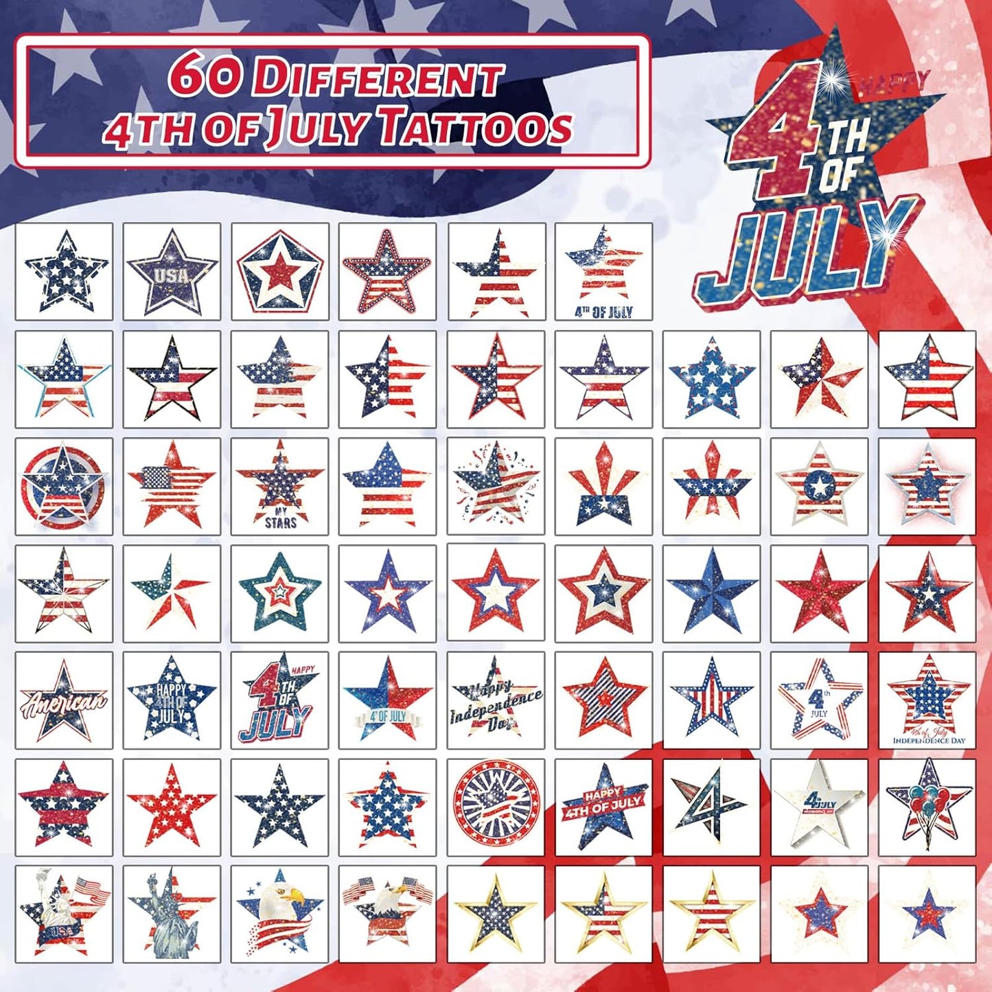 120 Pcs Glitter 4th of July Temporary Tattoos - Waterproof Star Designs for Independence Day Celebration