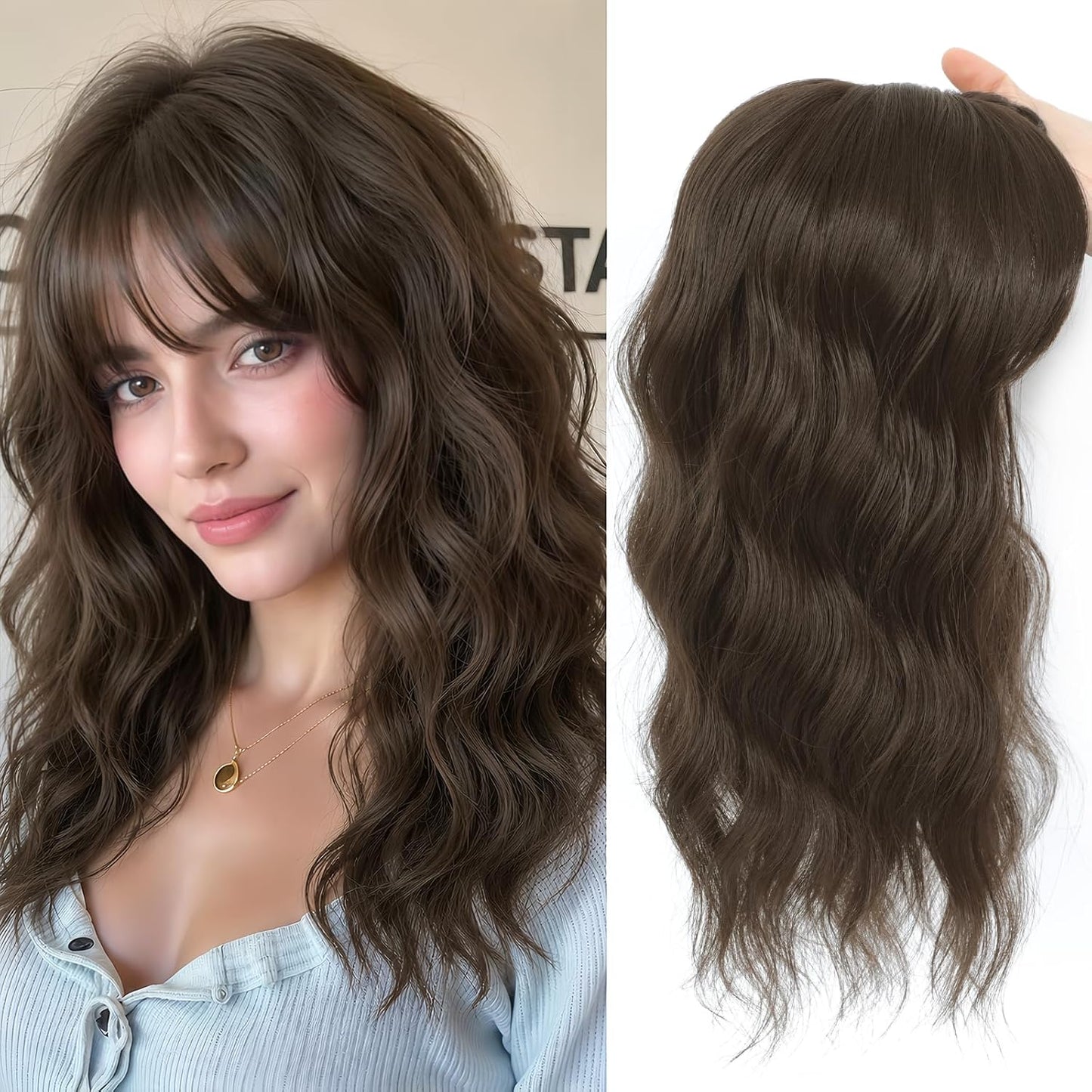 Hair Topper for Women - 16 Inch Synthetic Curly Wavy Clip-In with Curtain Bangs | Auburn Brown Volume Boost