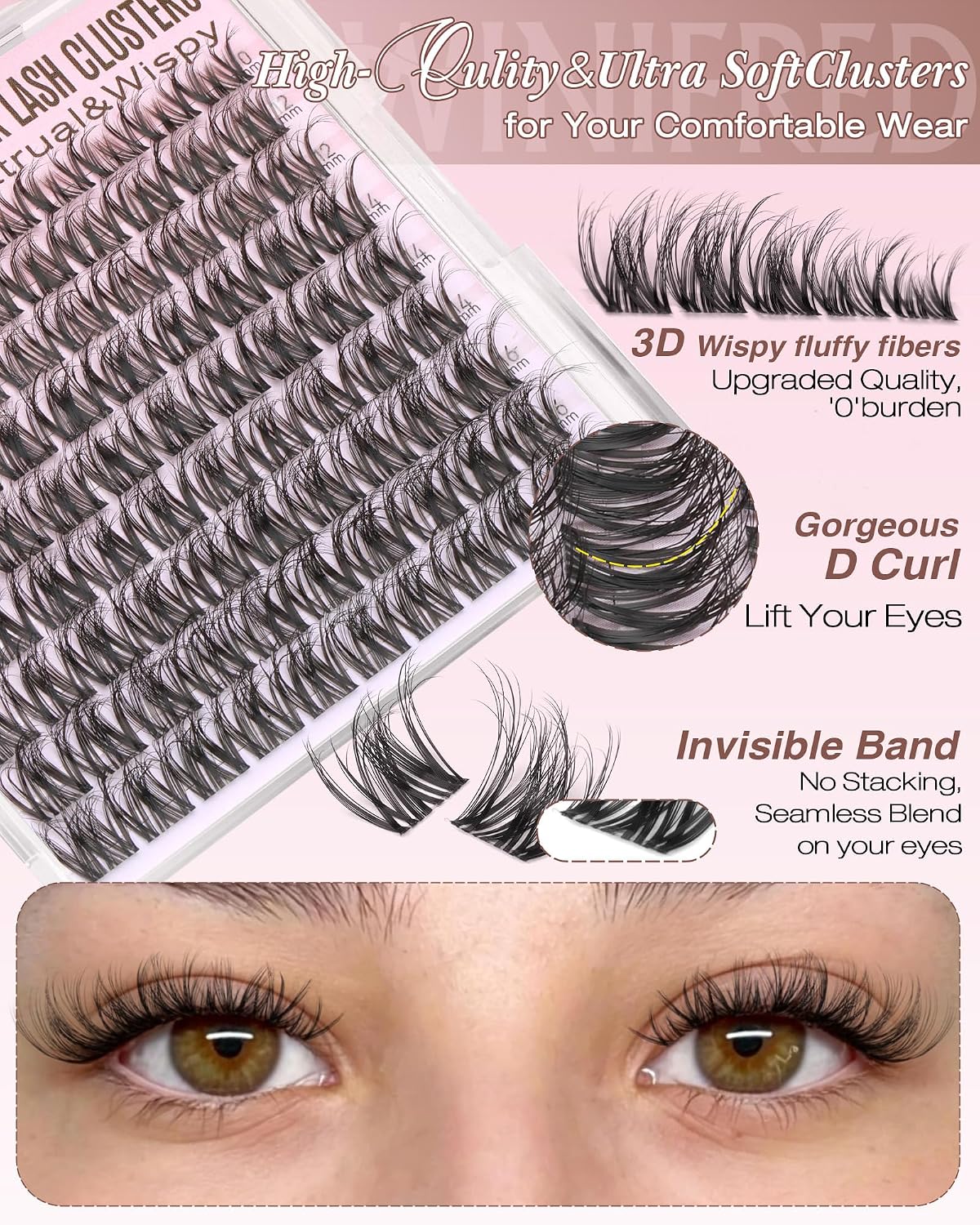 Spider Lash Clusters - Wispy Eyelash Extensions for Natural Look | D Curly 10-16mm Invisible Band