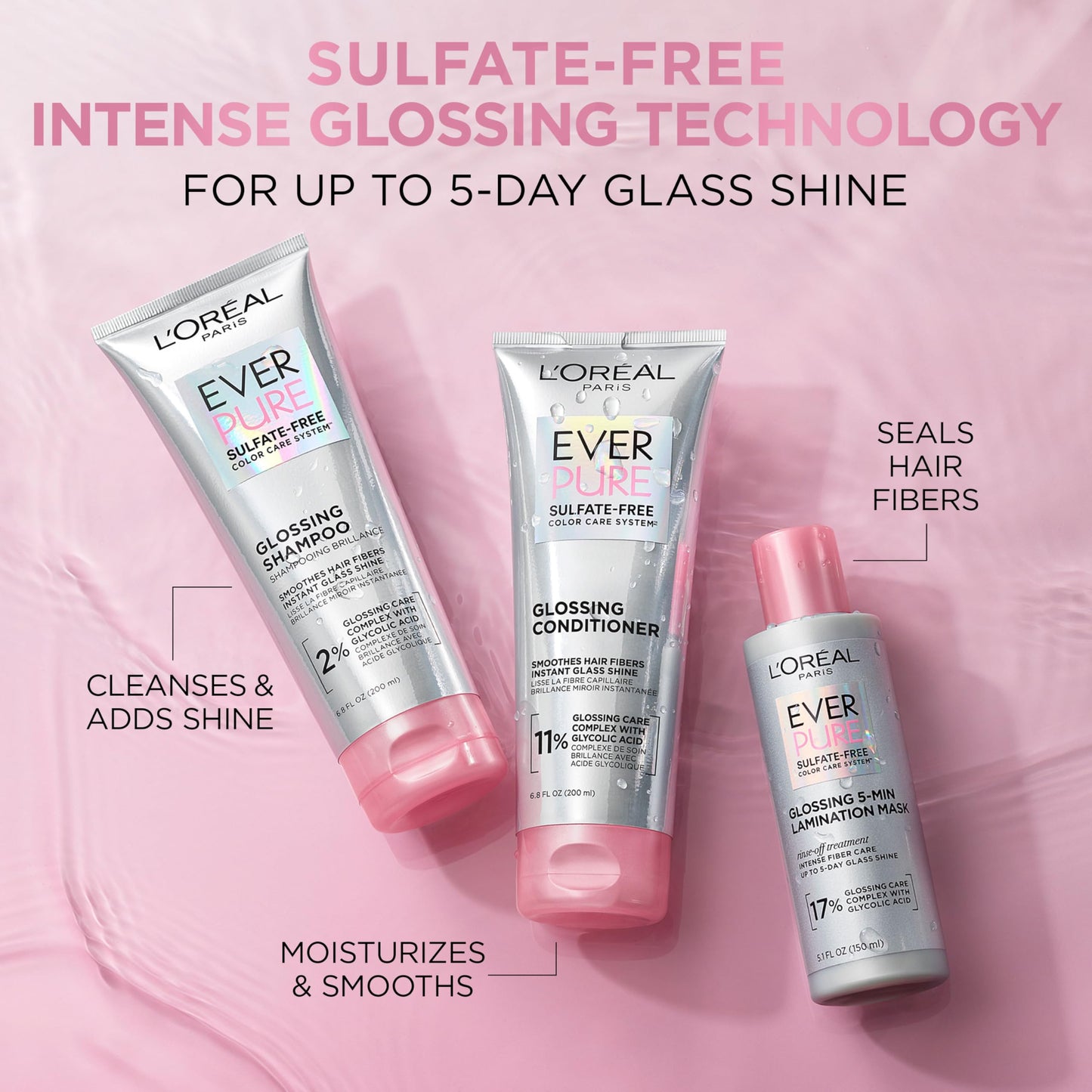 L’Oreal Paris Sulfate Free Glossing Shampoo and Conditioner Set with Glycolic Acid, Provides Intense Glass Shine & Smoothness, Suitable for Dull, Dry, and Color-Treated Hair, EverPure, 13.6 Fl Oz Set