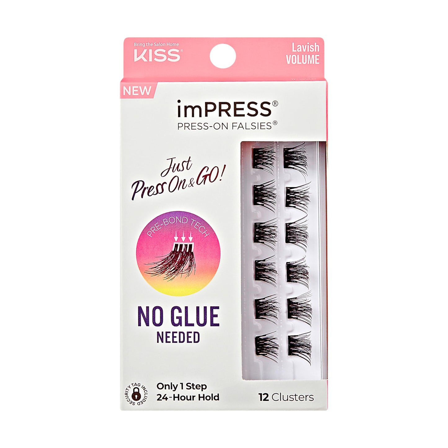 Kiss Impress Falsies Press On Self Adhesive Eyelashes, 12mm - 14mm Glam Volume Press On Lashes, Black, No Glue Needed, Invisible Band, 12 Lash Clusters - Lavish
