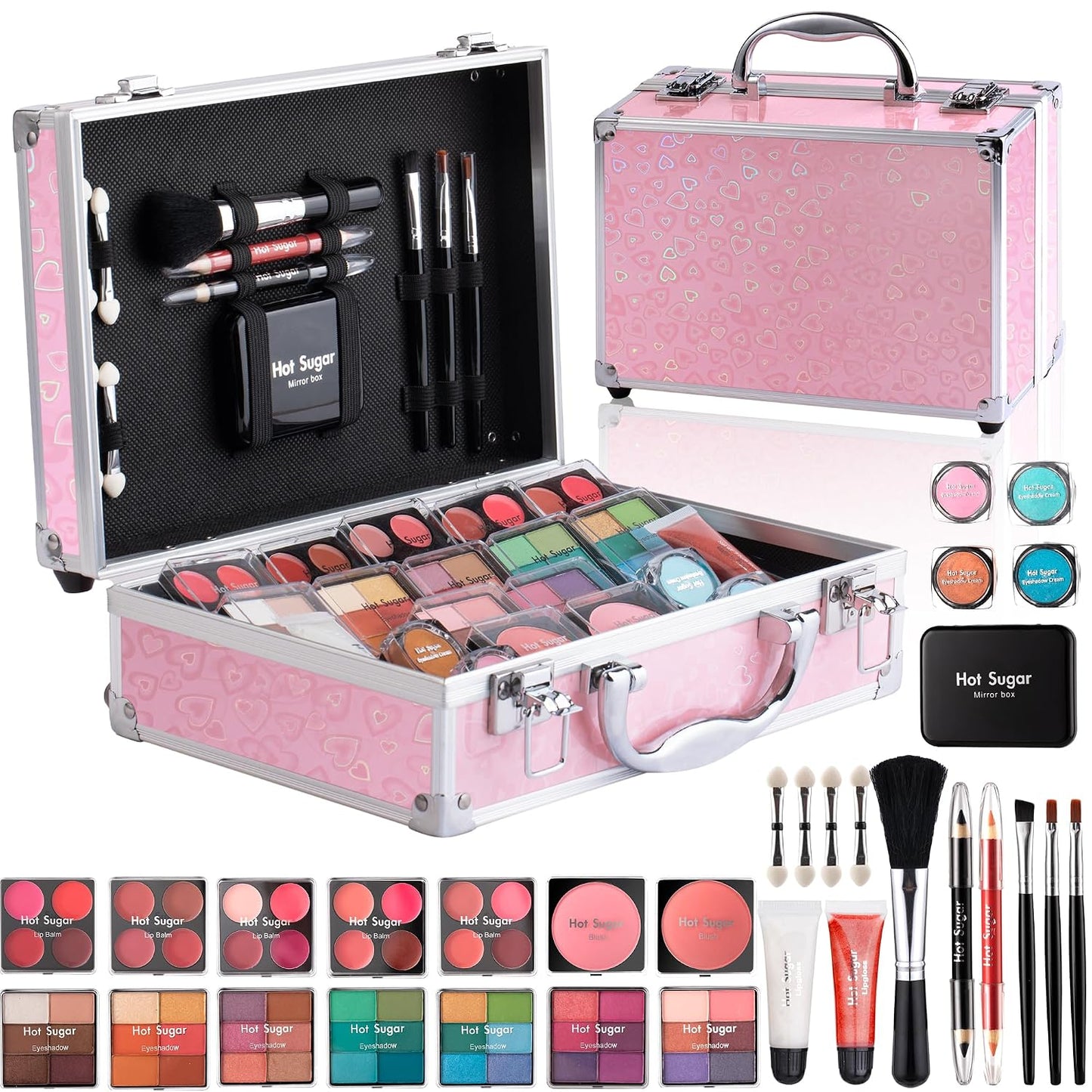 Makeup Kit for Teen Girls - Complete Starter Cosmetics Set with Eyeshadow, Lip Balm, Blush, Gloss & Mirror | Gold Check