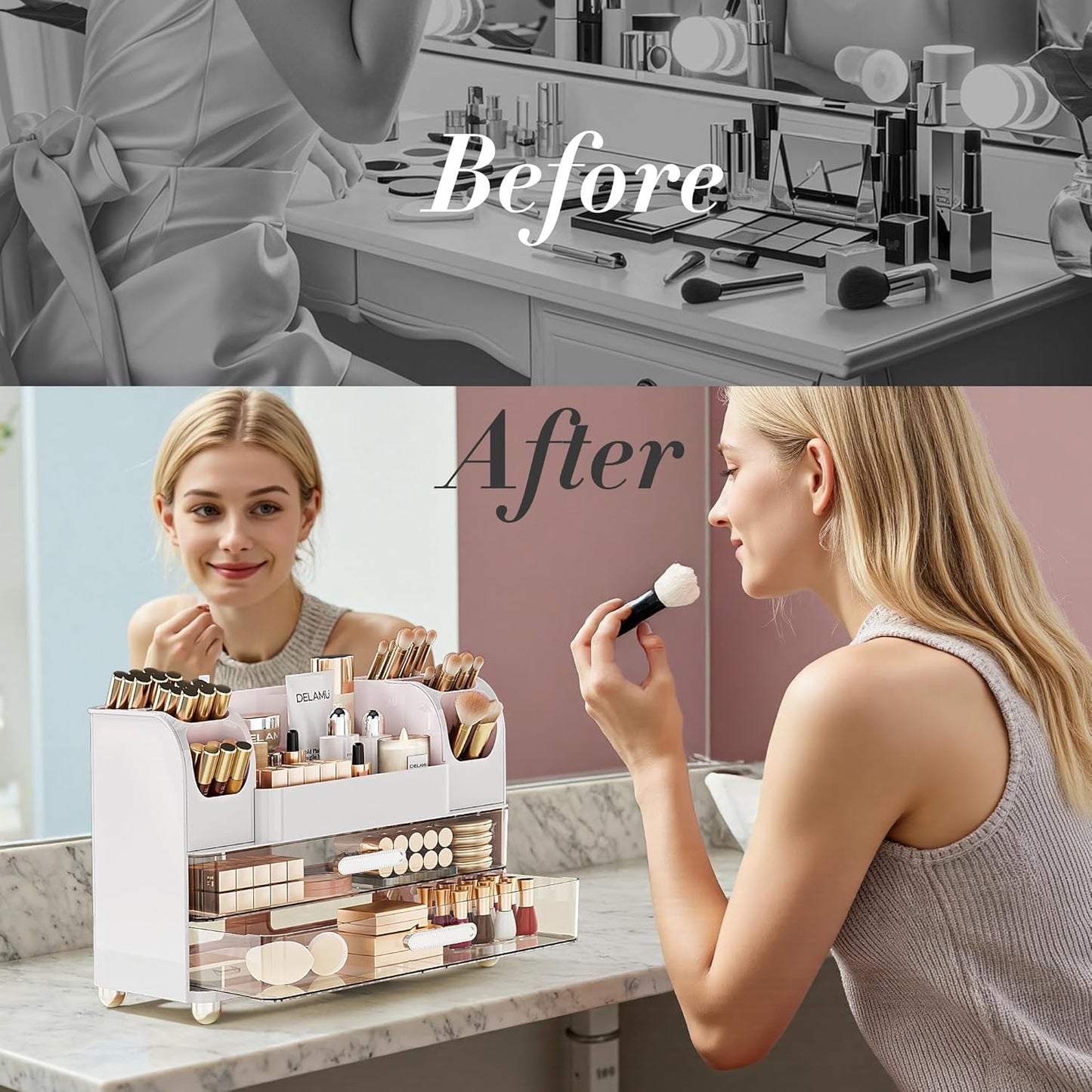 Large Makeup Organizer - 6 Brush Holders & 2 Drawers | White Vanity Storage for Skincare, Lipsticks, and More