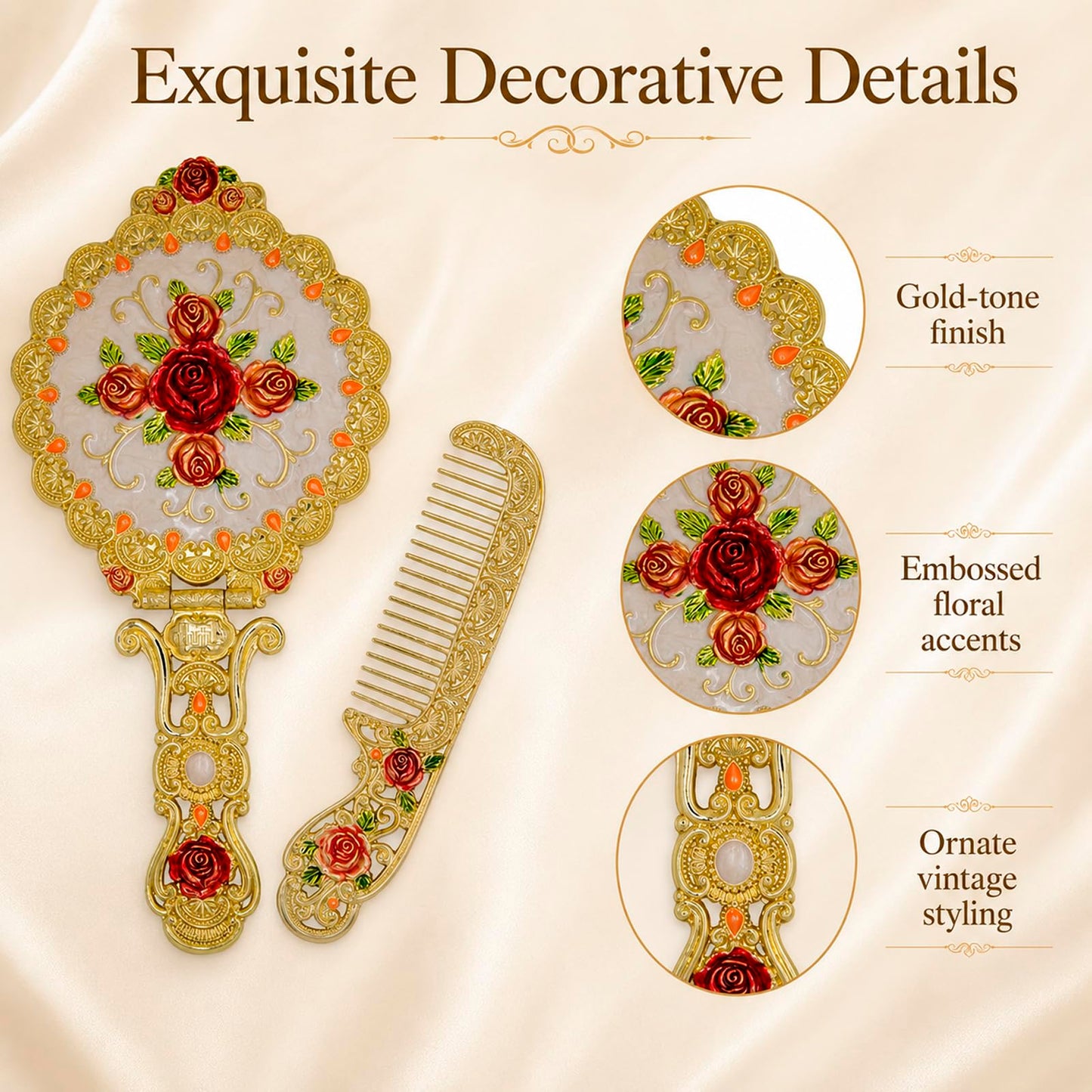 Vintage Hand Mirror Comb Set - Antique Vanity Handheld Makeup Mirror, Gold