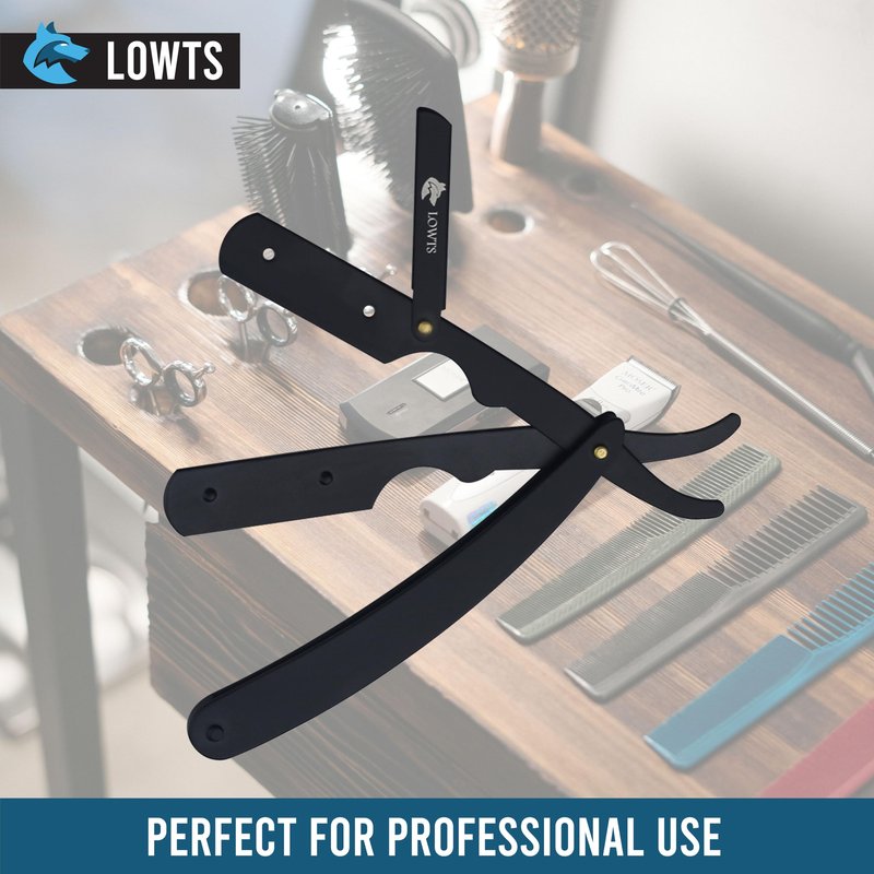 Lowts Professional Barber Straight Edge Razor, 100% Stainless Steel, Black