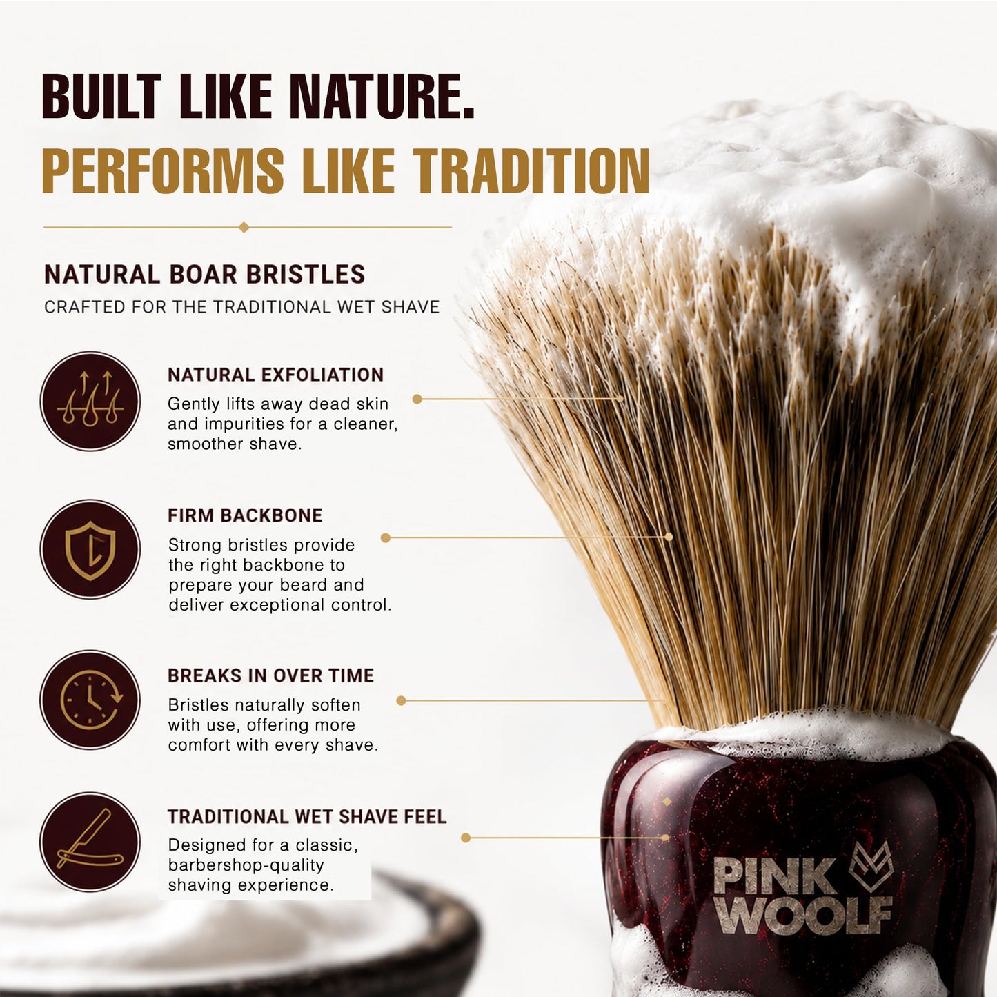 Pink Woolf Boar Shaving Brush for Men – 28mm Natural Boar Bristles, Dense Wet Shave Brush for Rich Lather, Premium Maroon Handle, Soft Face Feel for Shaving Soap & Cream