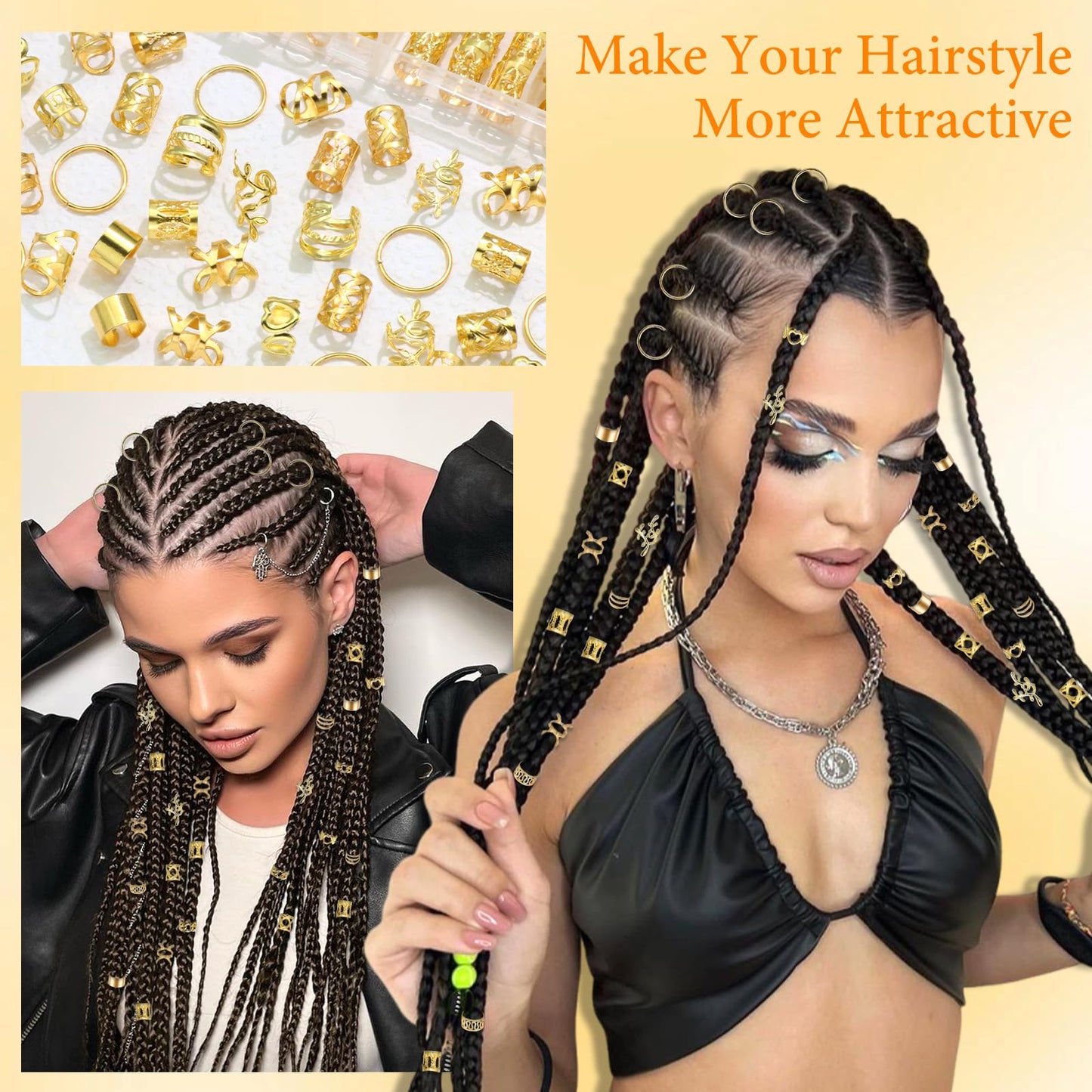 NAISKA 220 PCS Gold Hair Jewelry for Braids Hair Cuffs Rings Loc Jewelry for Women Dreadlock Hair Charms Stylish Box Hair Accessories for Women Men