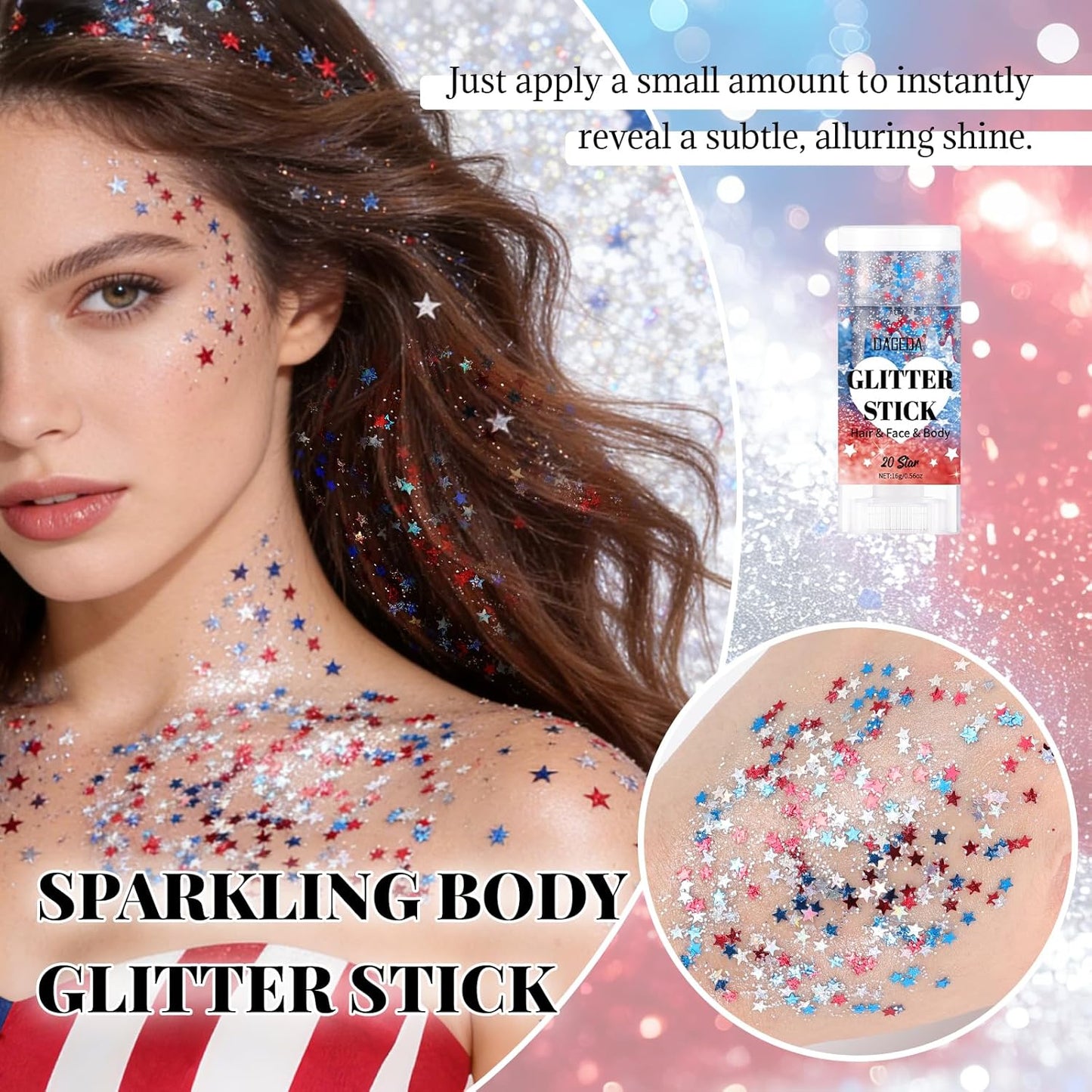 Red White Blue Body Glitter Stick - Sparkly Face Makeup for 4th of July | Shimmer Paint for Independence Day Costumes