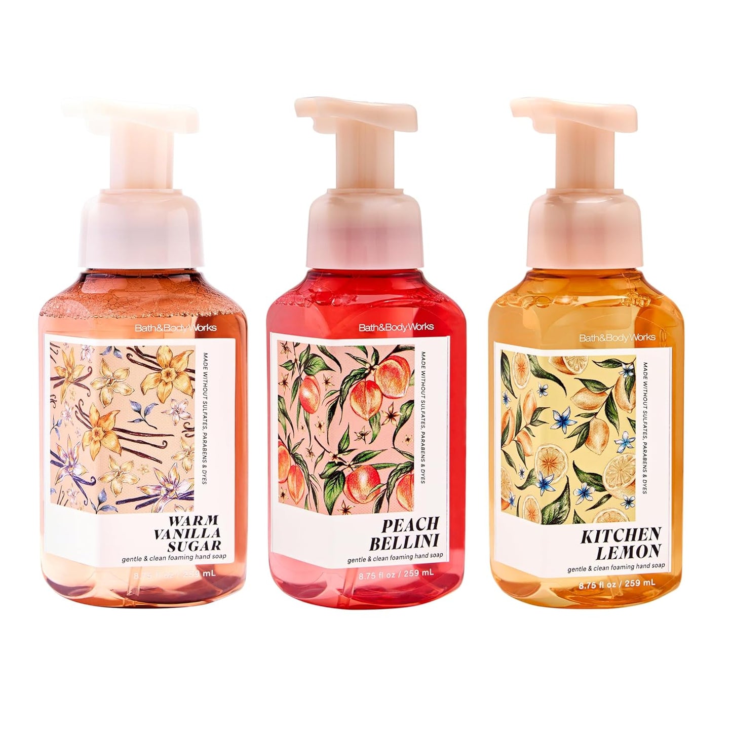 Warm Vanilla Sugar Foaming Hand Soap Bundle | Gentle Cleansing & Conditioning Formula - Peach Bellini & Kitchen Lemon Scents