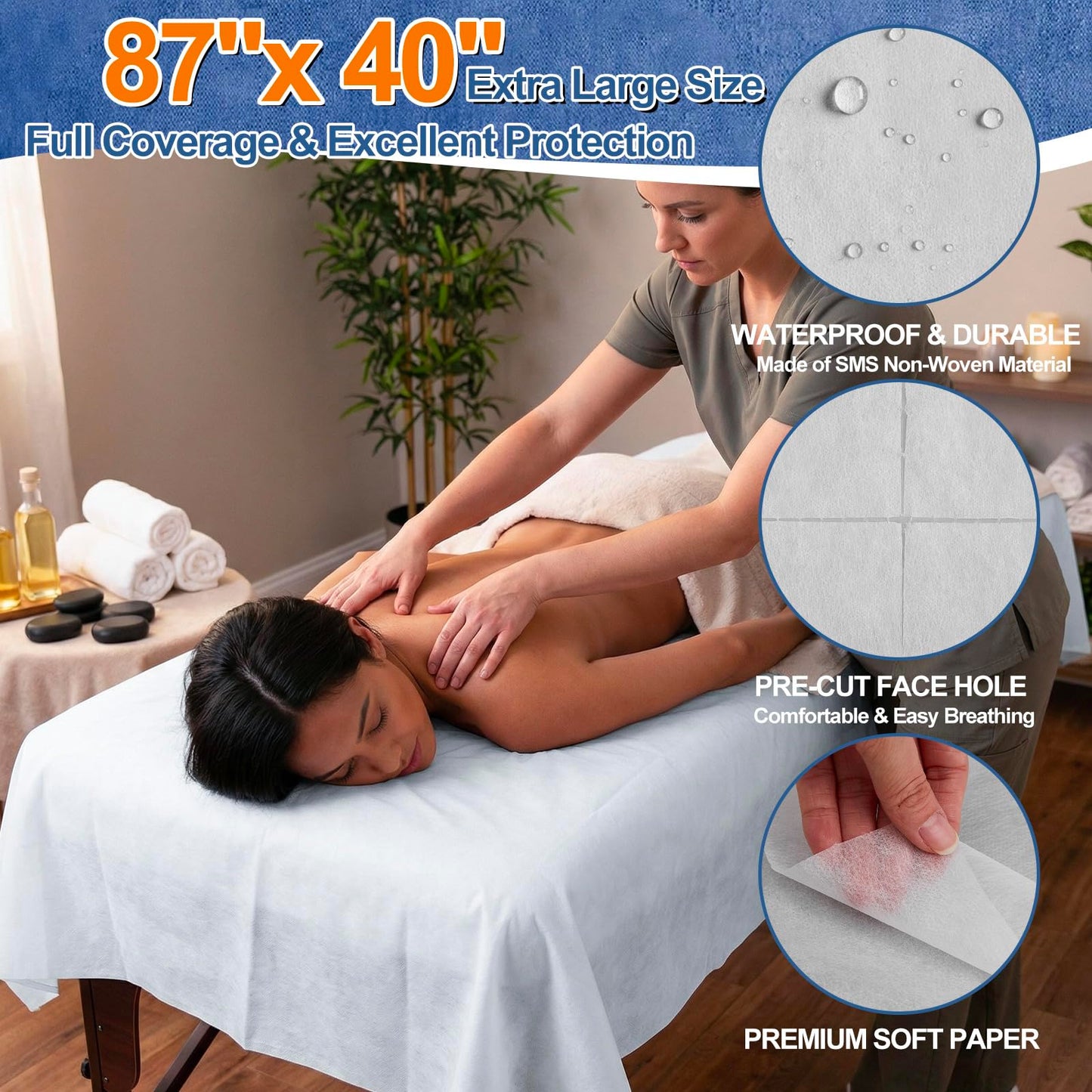 SmoothNovelty 1 Roll Extra Large Disposable Massage Table Sheets 87" x 40" with Pre-cut Face Hole, 50 Sheets Non-woven Waterproof Spa Bed Cover for Massage, Tattoo, Facial, Salon Professional Supplies
